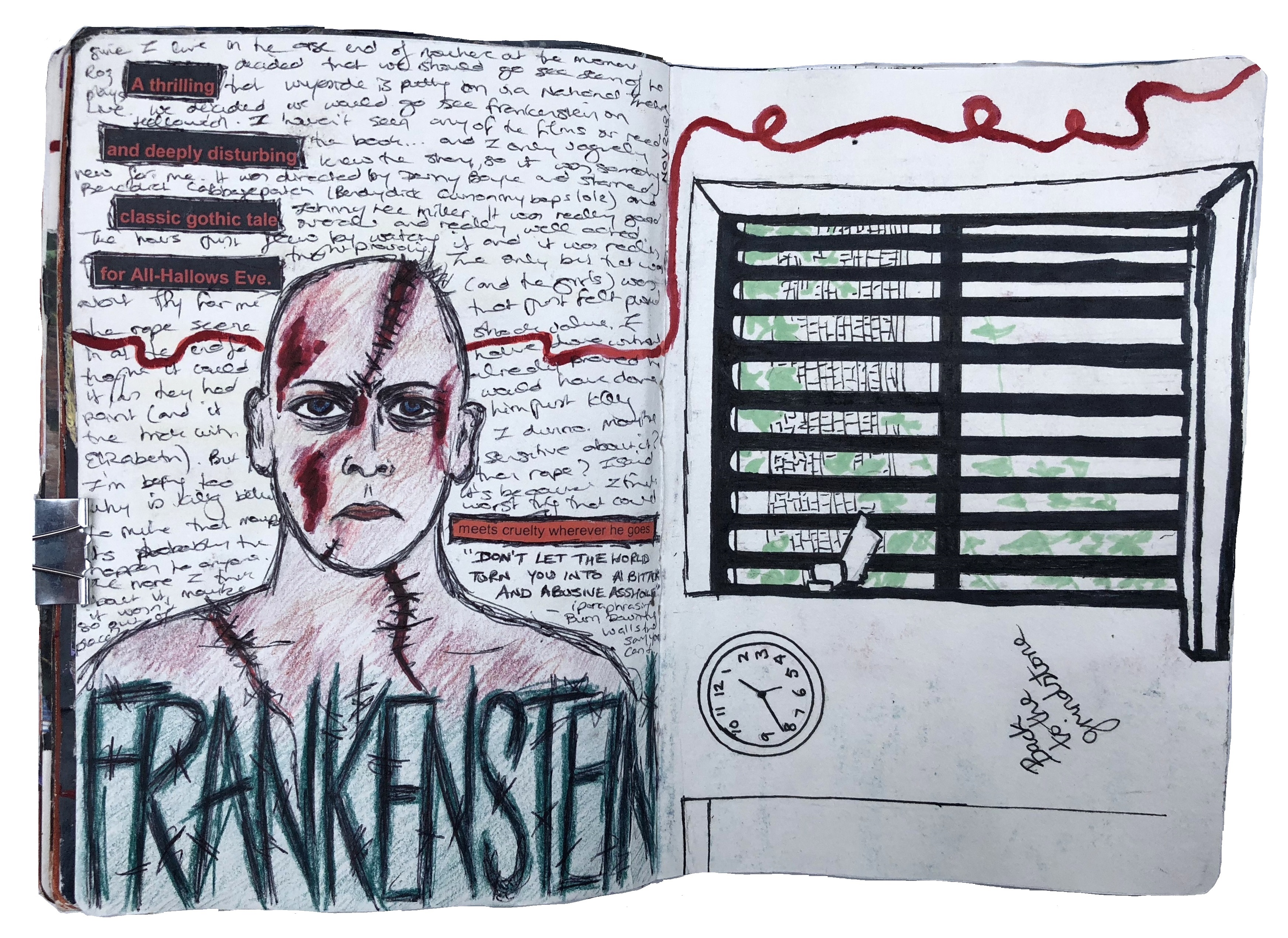 Art journal illustrations about seeing a production of Frankenstein on Halloween and going back to work.