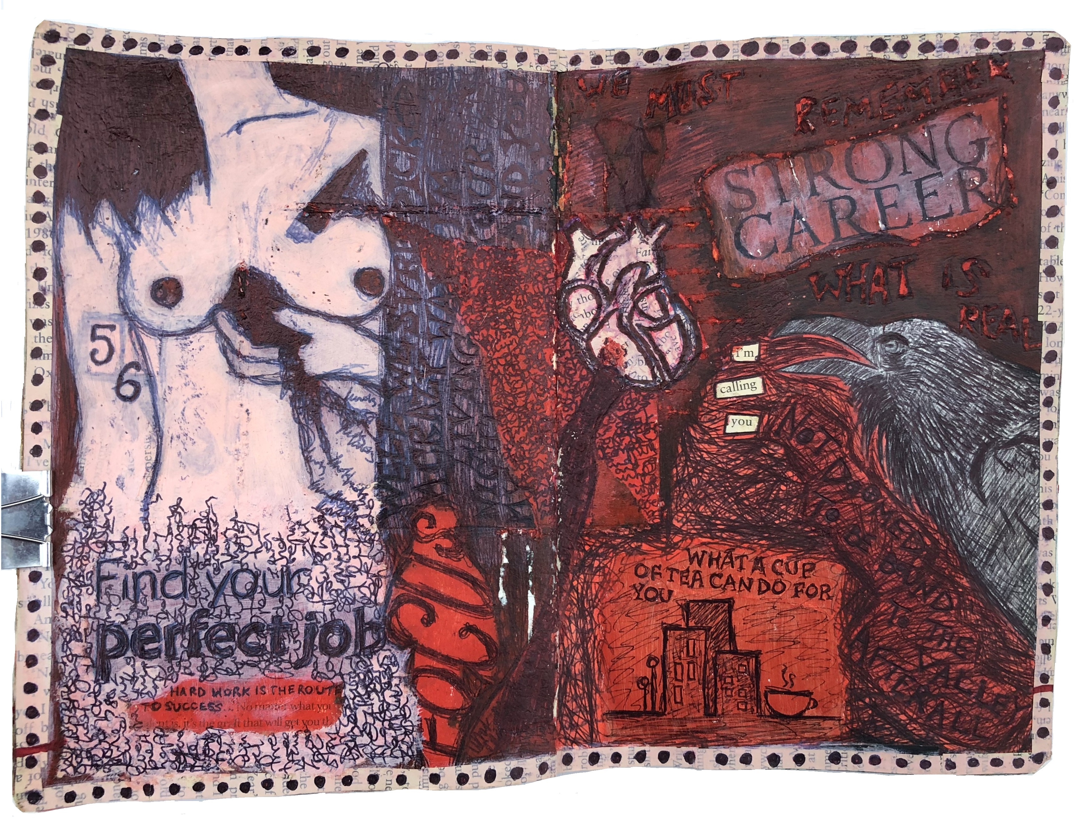 A mixed media art journal illustration of a nude female torso, a crow, and anatomical heart with lyrics from I'm Calling You by Monster Magnet.