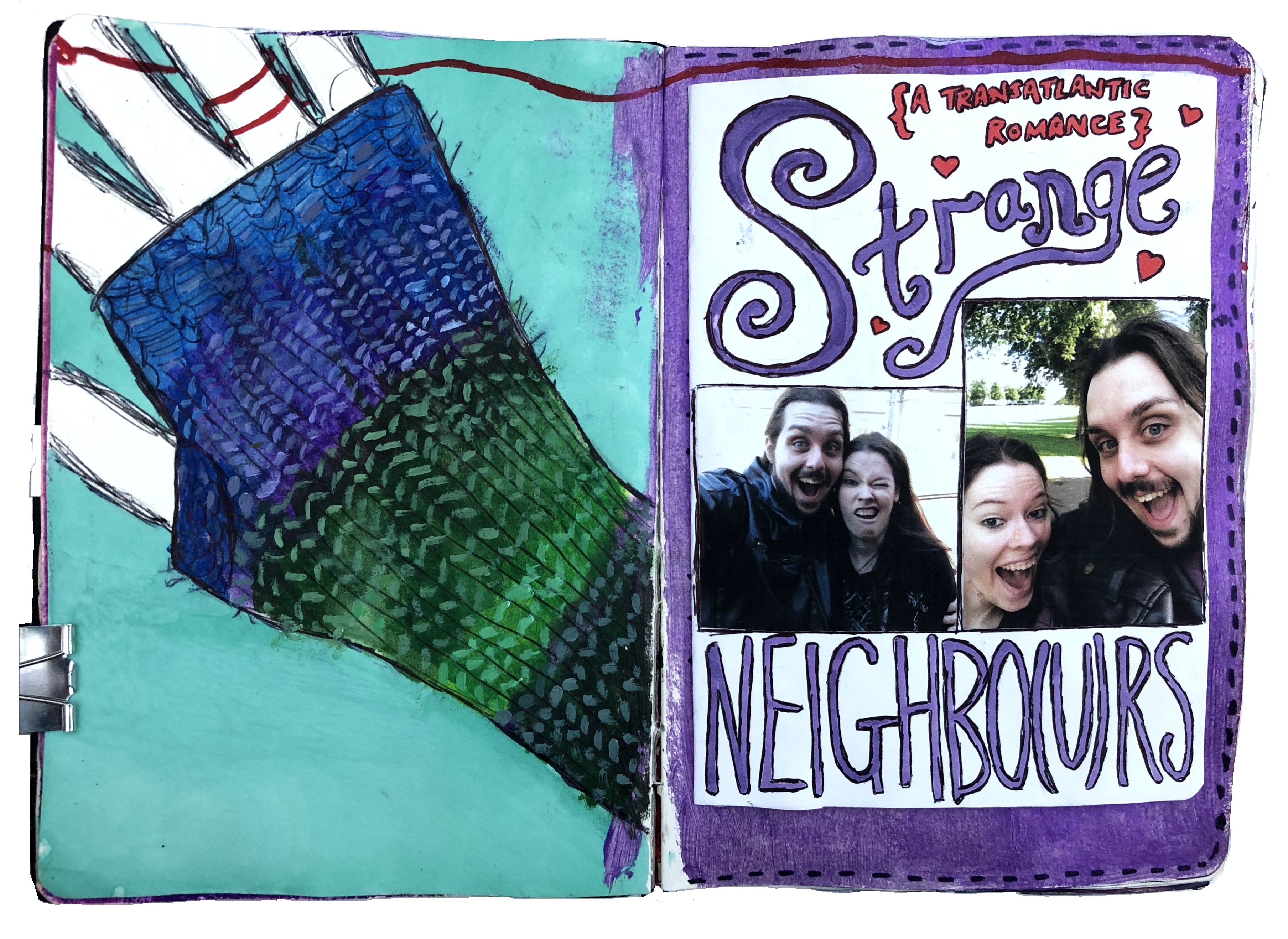A mixed media art journal illustration of my hand in a knitted fingerless glove and part of my failed Sketchbook Project journal with photographs of me and my now-husband.