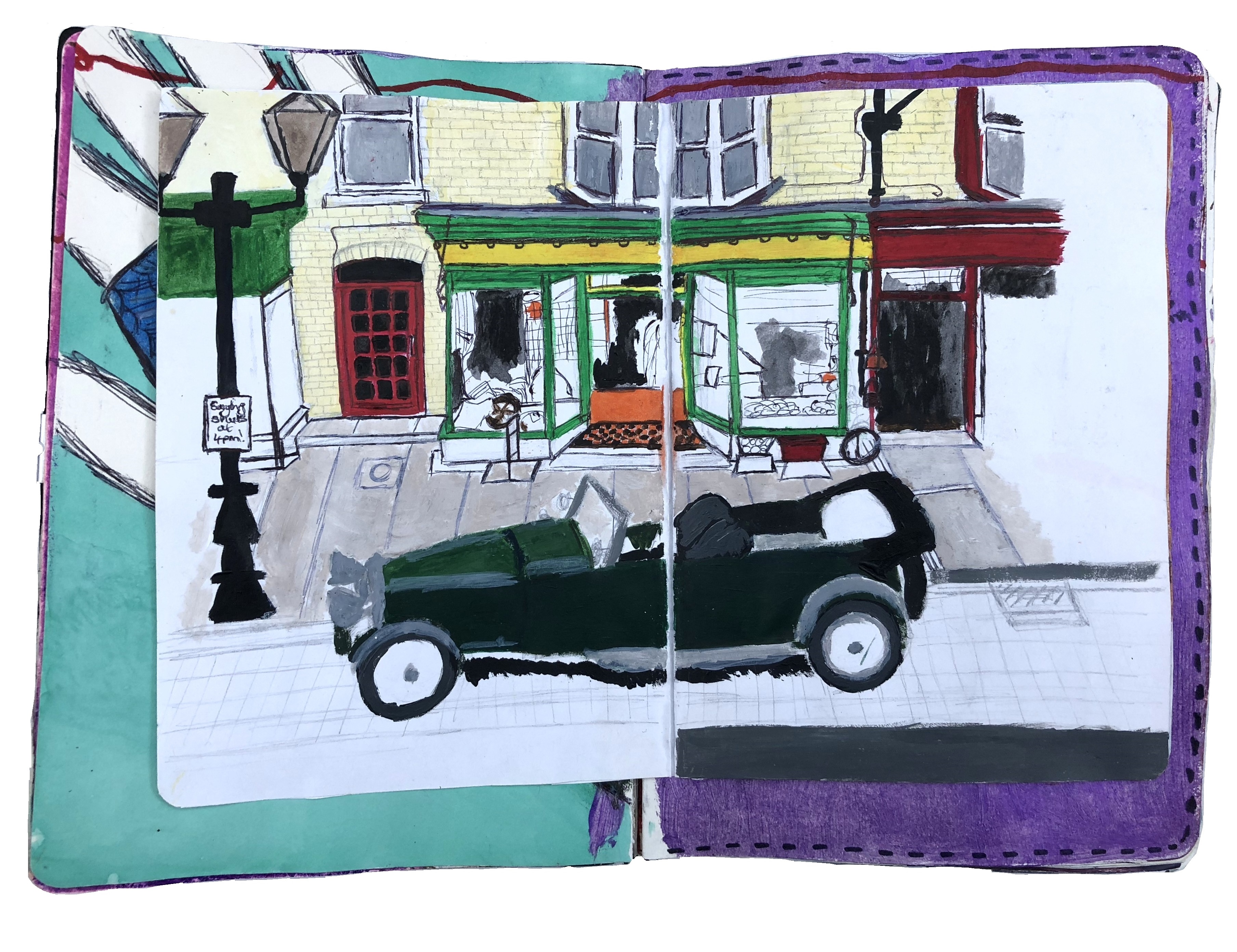 A mixed media art journal illustration of an old fashioned car on a Victorian street in front of a shop for the incomplete Sketchbook Project.