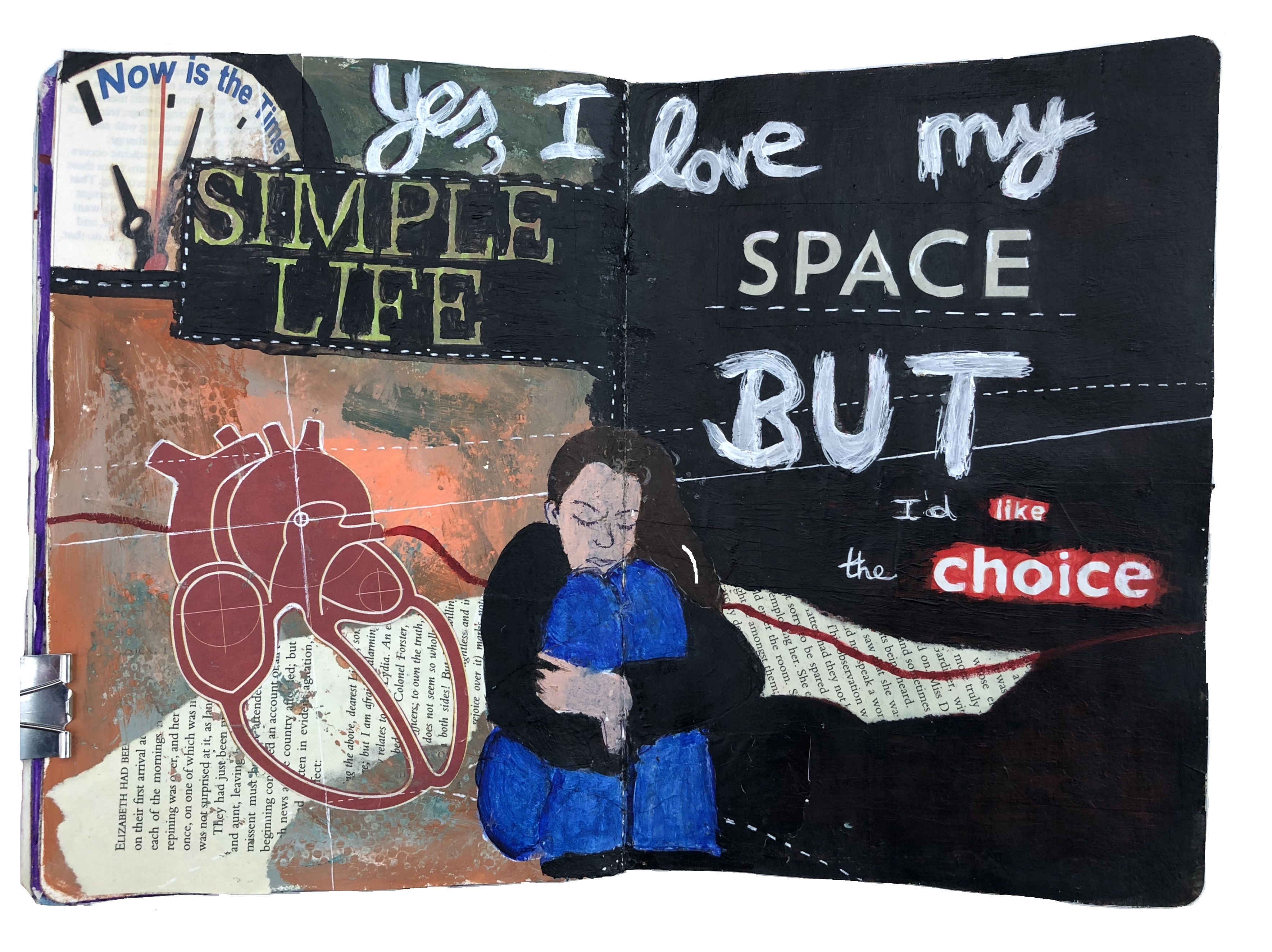 A mixed media art journal illustration of myself hugging my knees next to an anatomical heart.