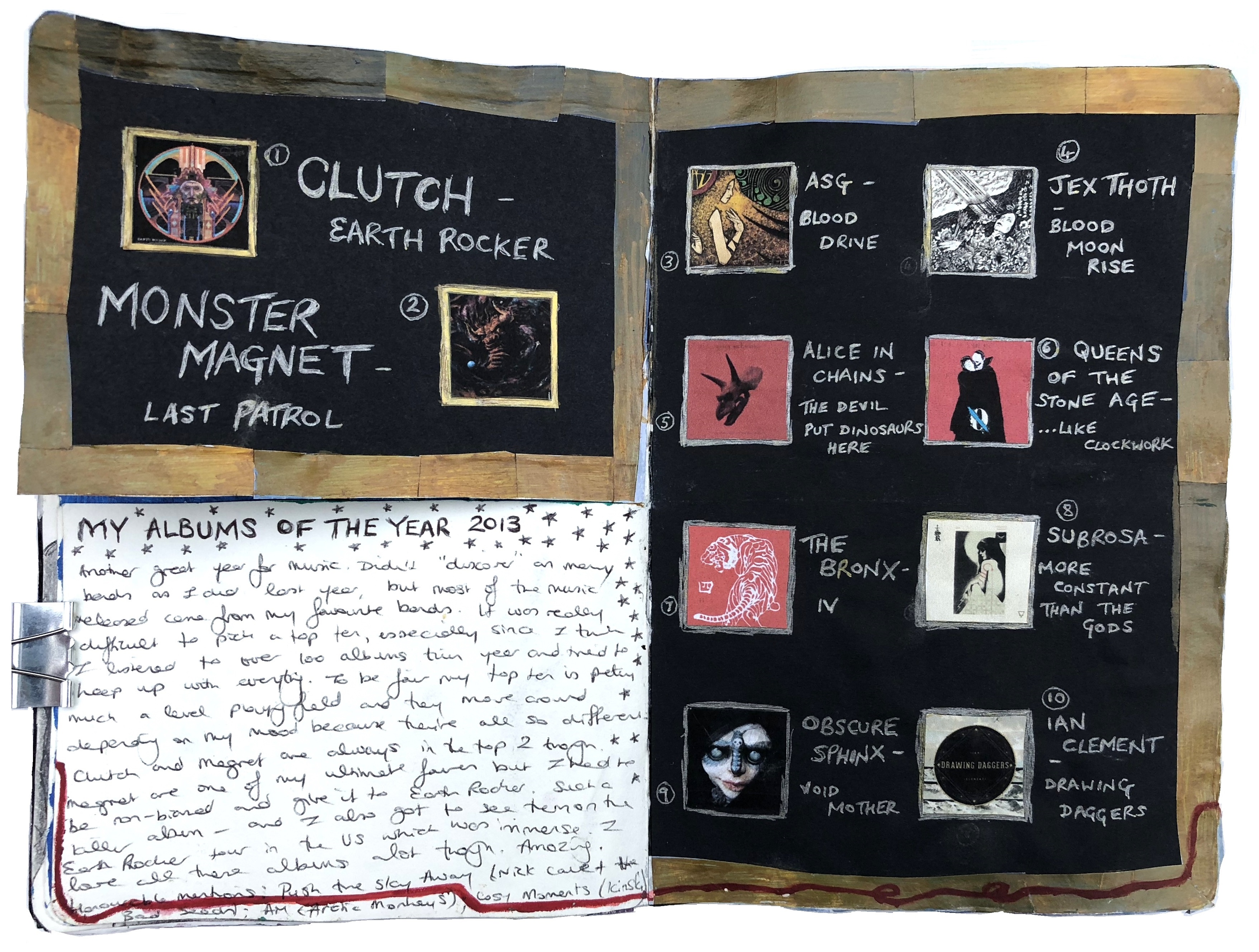 A mixed media art journal page about my favorite albums of the 2013.