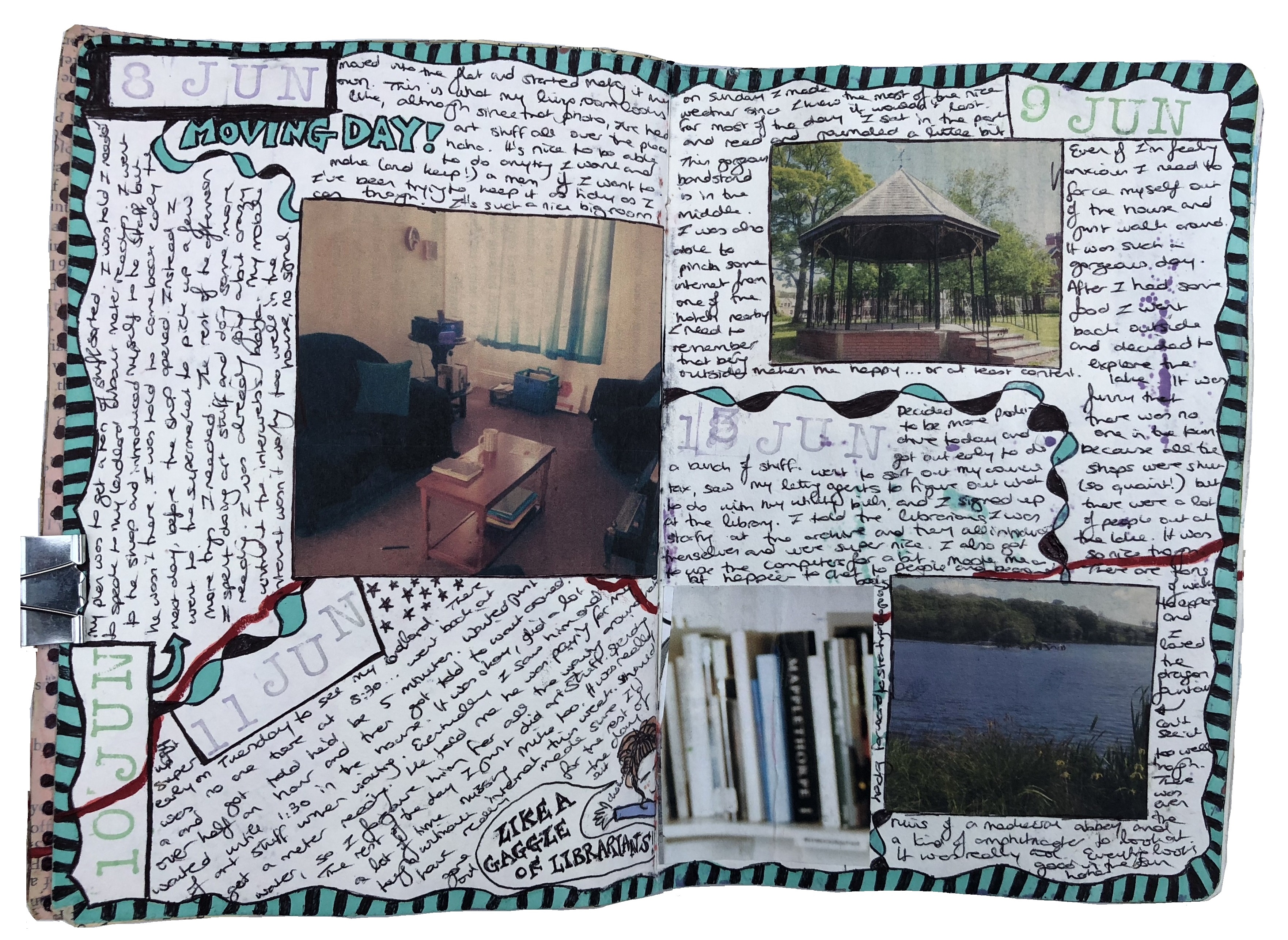 A mixed media art journal page with photos of and thoughts about my new apartment and the area I moved to.