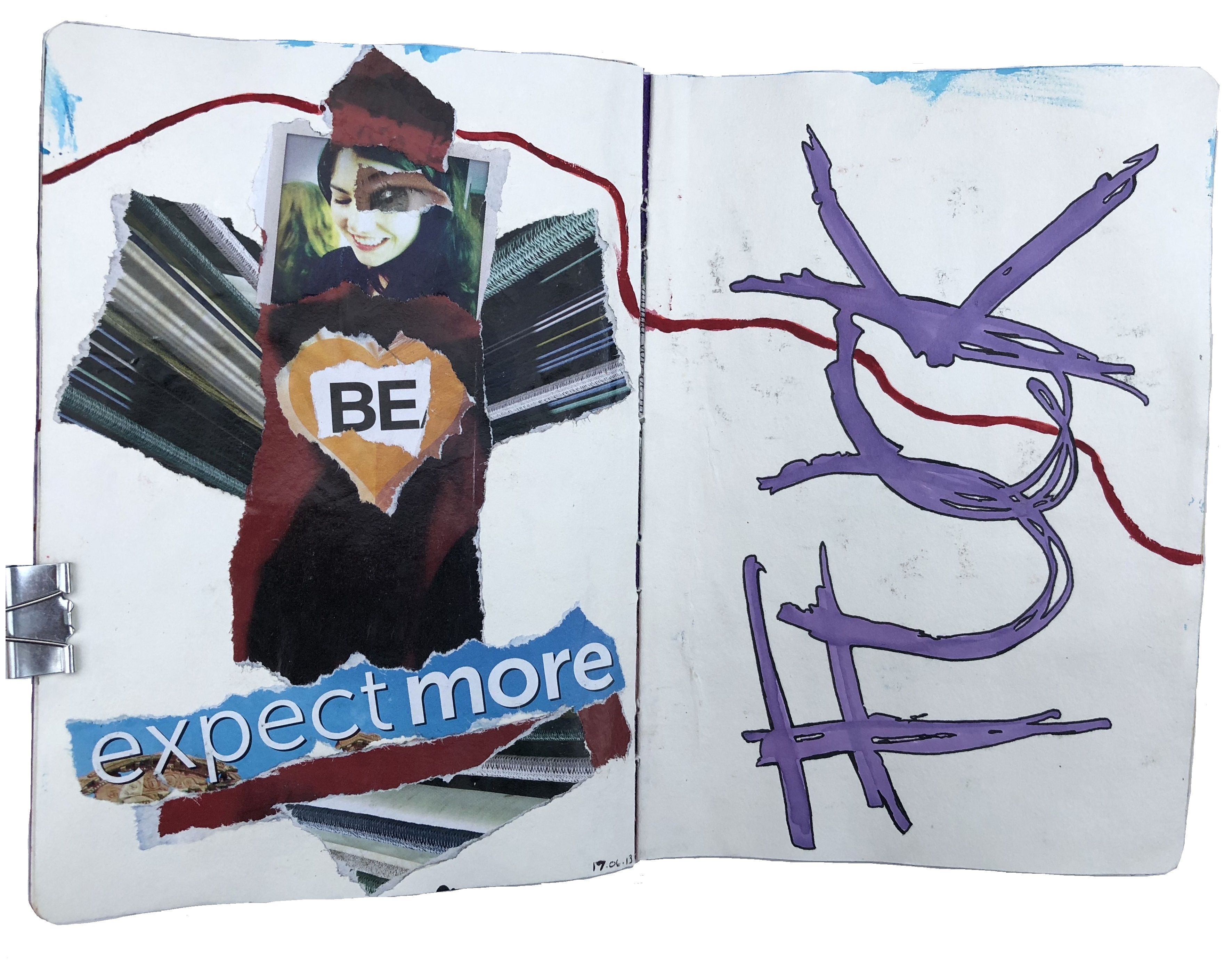 A mixed media art journal page wth an intuitive torn paper collage about expecting more and the word fuck in big letters.