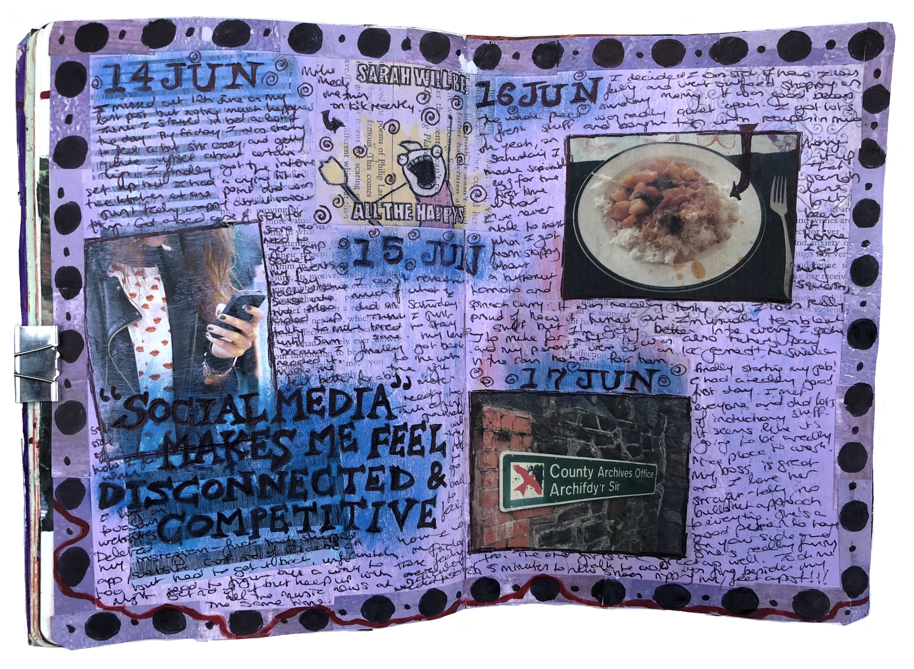 A mixed media art journal collage about starting a new job and hating social media.