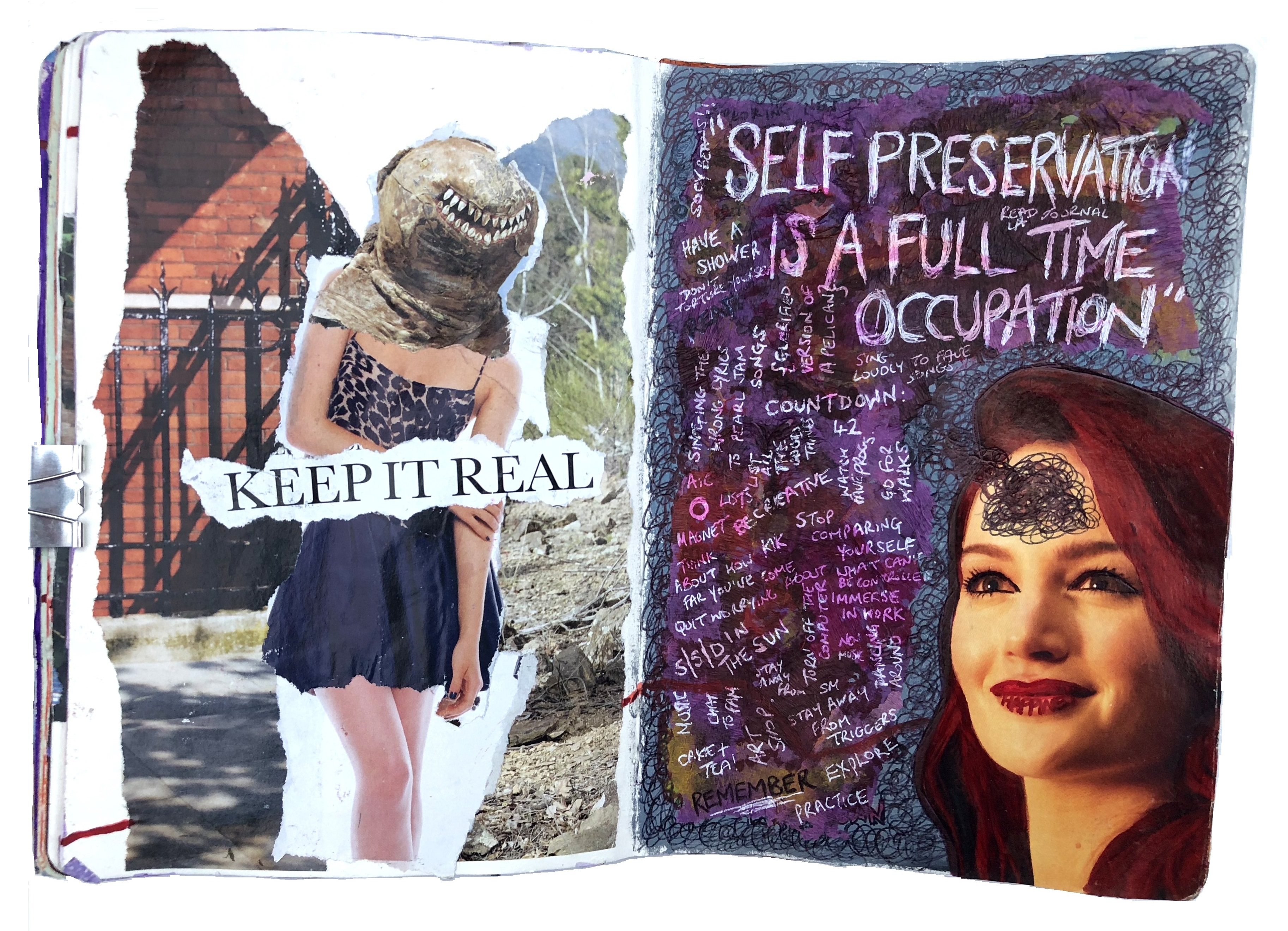A mixed media art journal collage of a woman with a monster head saying keep it real and a collage about self preservation with lyrics by Ani DiFranco.