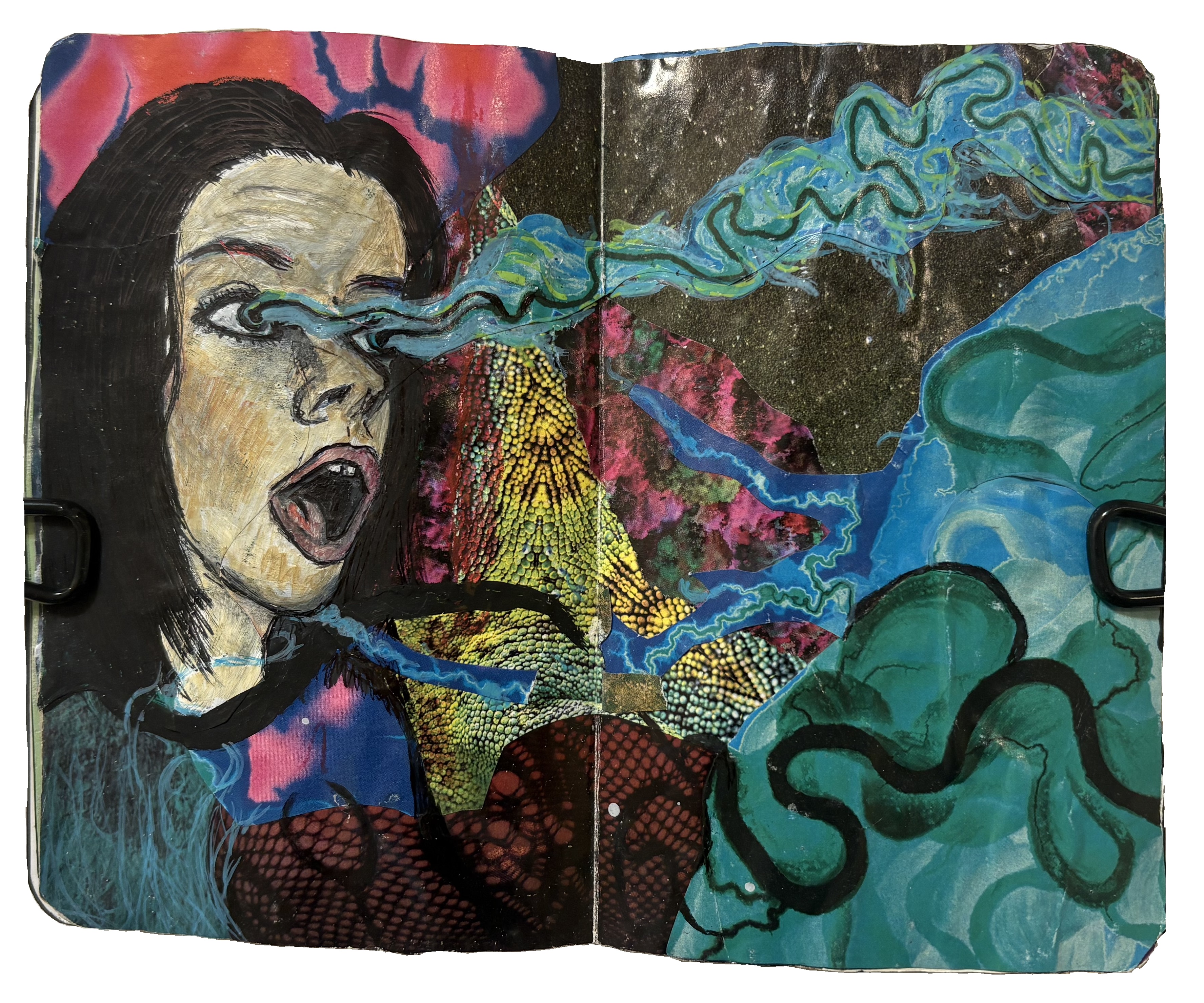 A mixed media art journal illustration about a weird psychedelic dream.