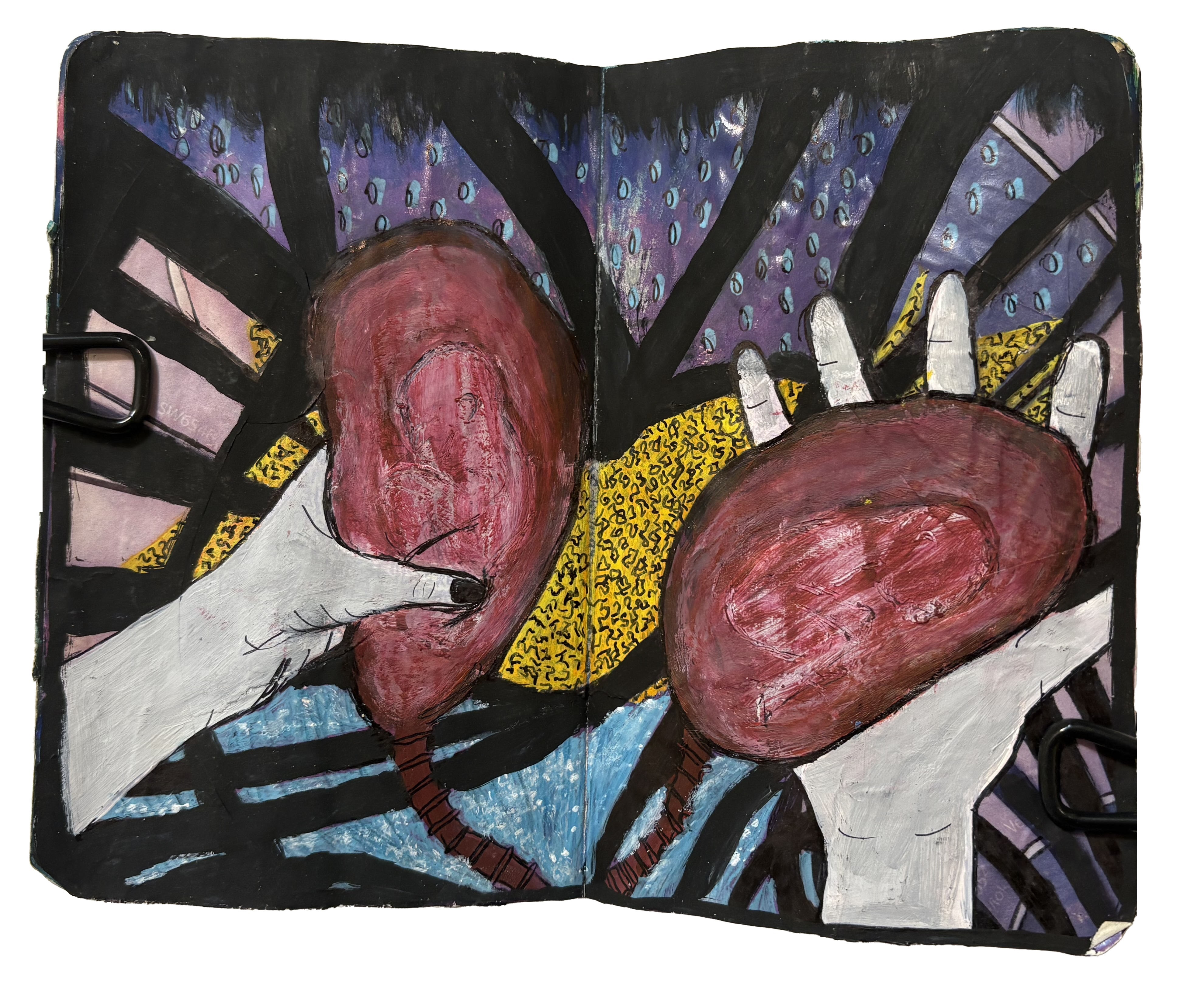 A mixed media art journal illustration to document a dream I had about giving birth to twins but carrying them outside of my body.