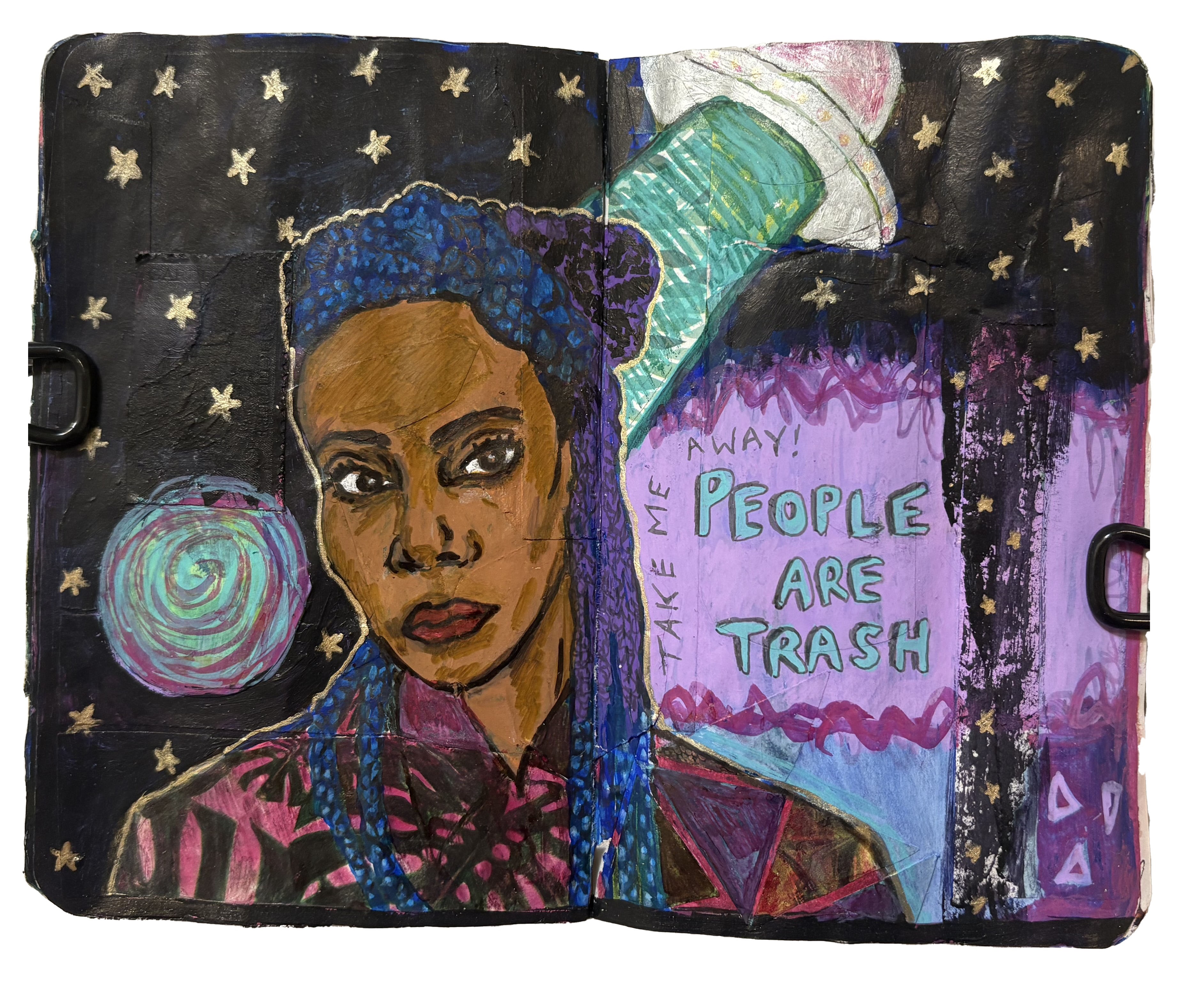 A mixed media art journal illustration of a woman with purple and blue hair wishing for aliens to take her away and the words people are trash next to her (words came from the television show Insecure, which I binged during the pandemic!). Drawing reference is from Sktchy.