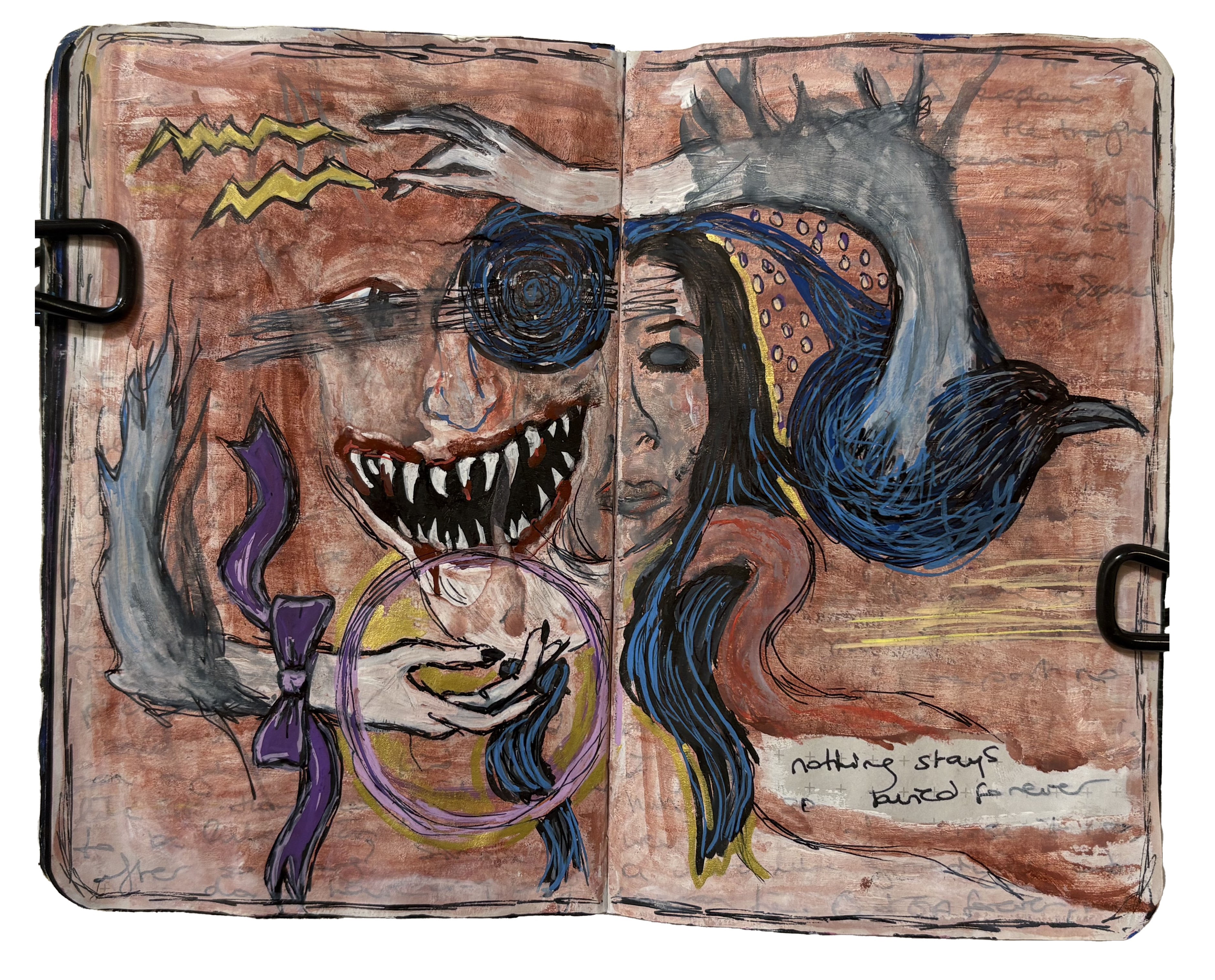 A mixed media art journal intuitive illustration featuring a demon, self portrait, and a crow with the words nothing stays buried forever at the bottom.