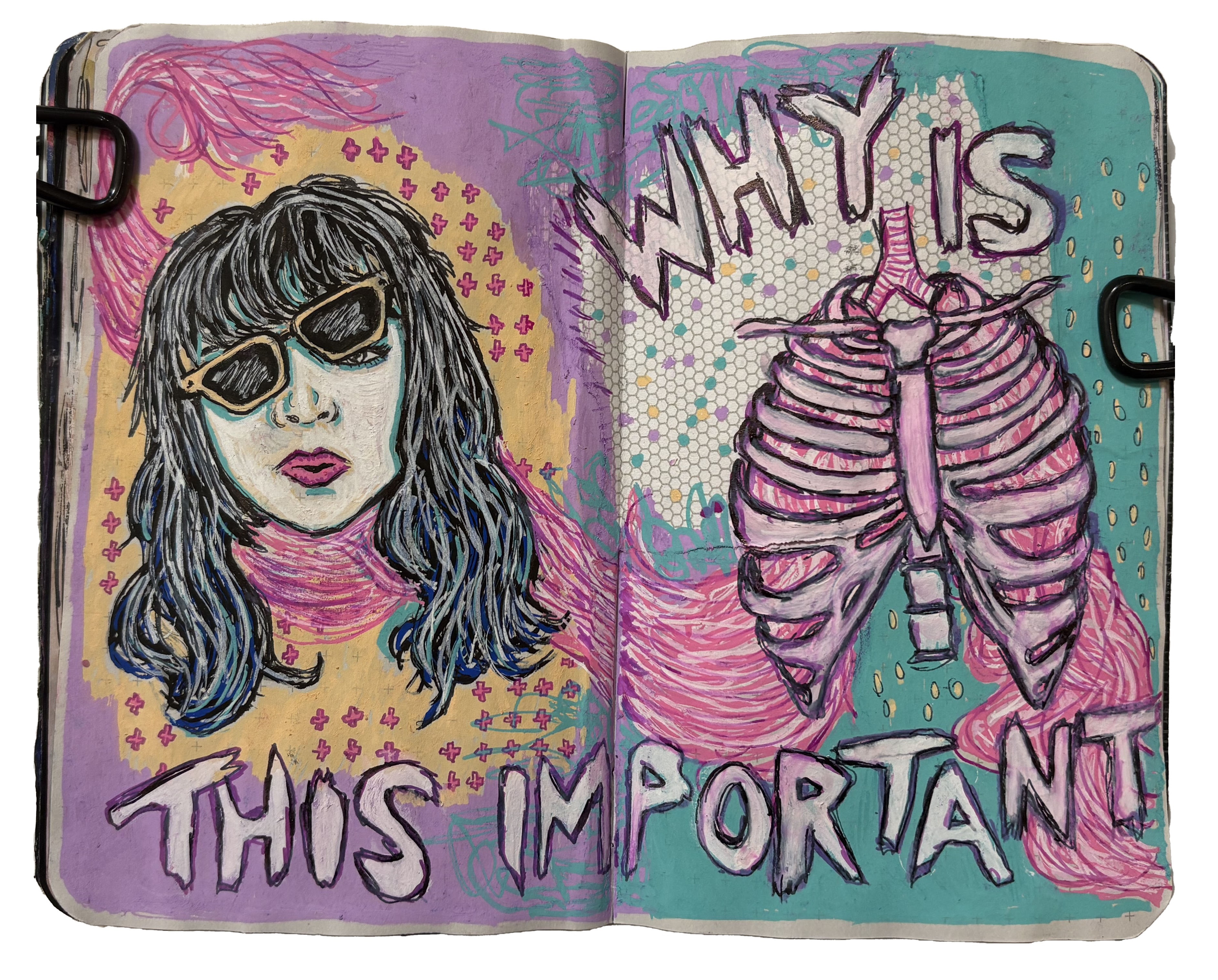 A mixed media art journal illustration of a woman with crooked sunglasses next to a rib cage with the words why is this important? Drawing reference from Sktchy.