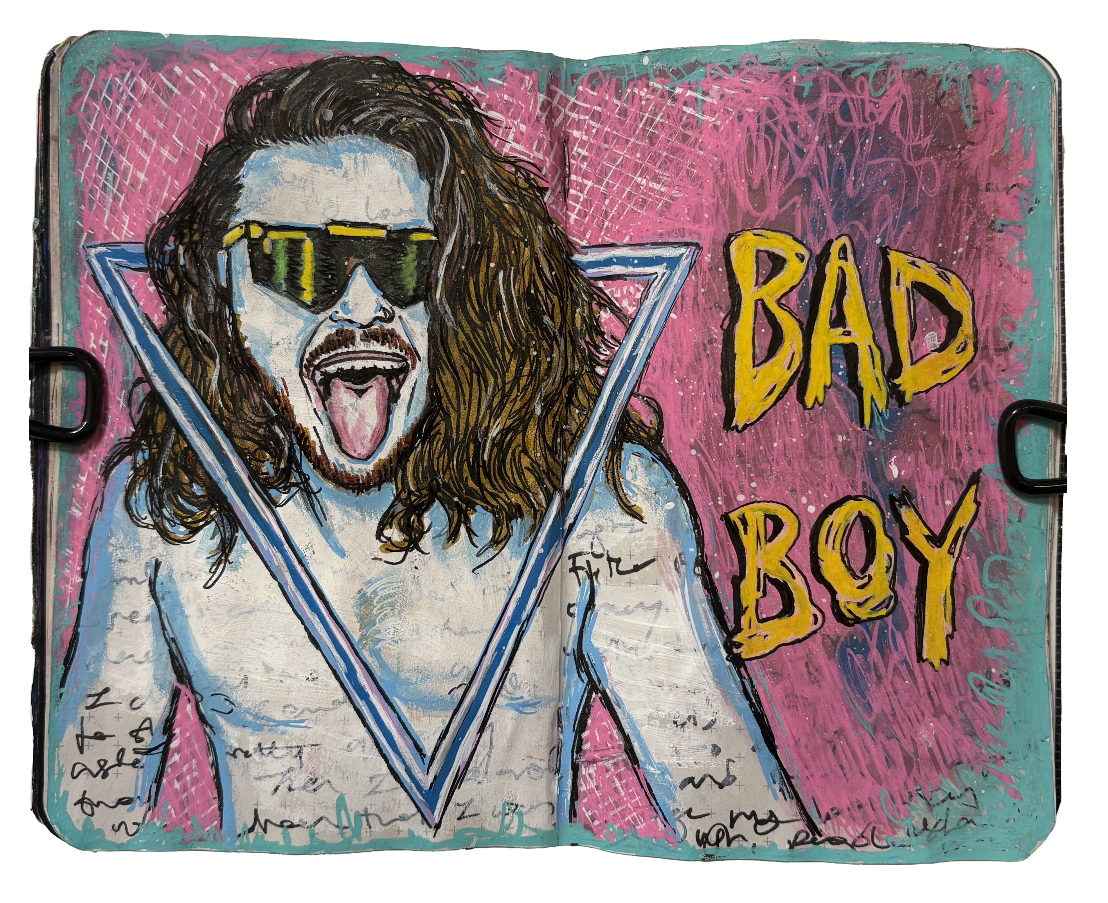 A mixed media art journal illustration of the AEW wrestler the bad boy Joey Janela with his tongue sticking out and a neon background.