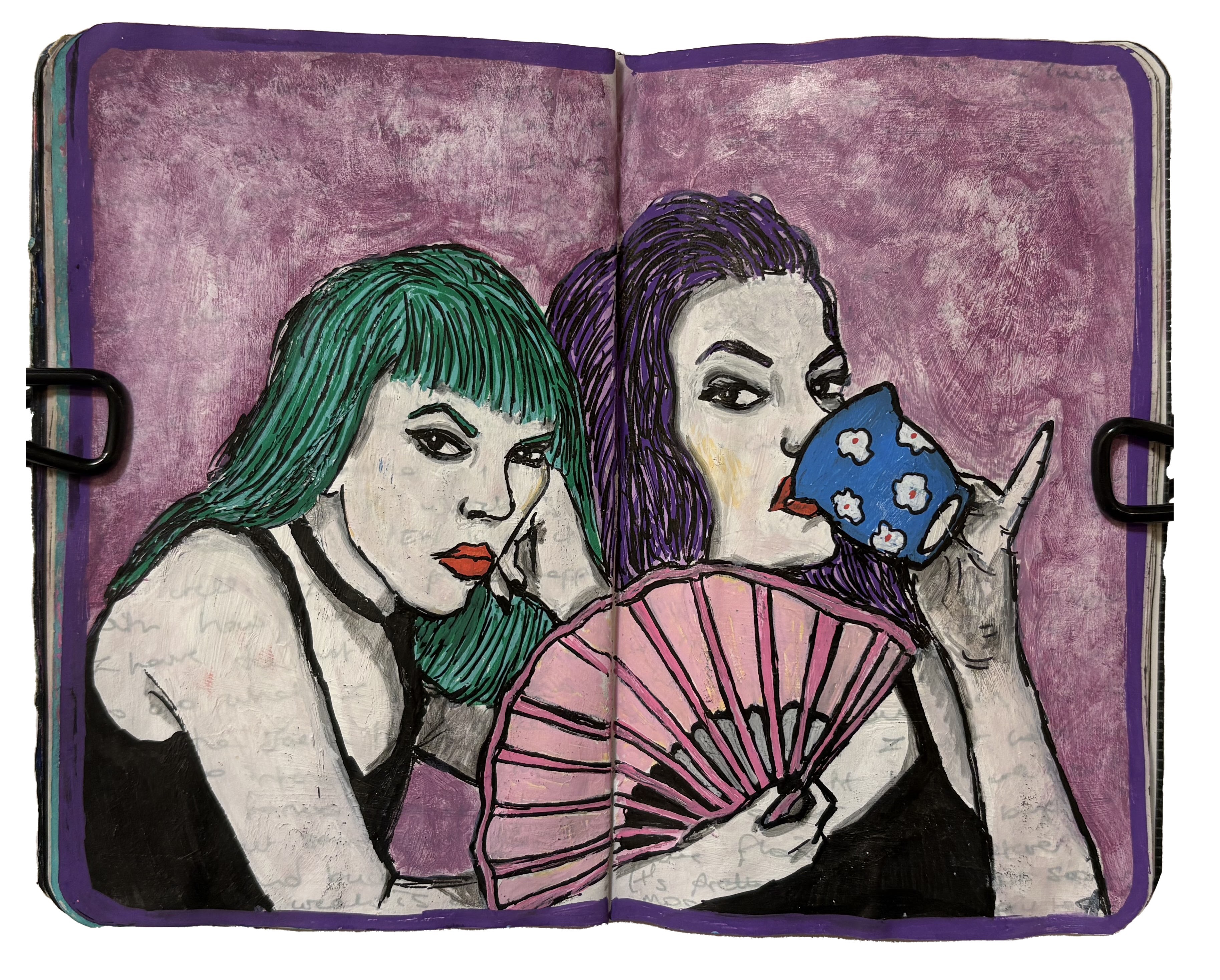 An art journal illustration of a goth woman with green hair fanning herself and a goth woman with purple hair sipping tea in a judgmental manner.