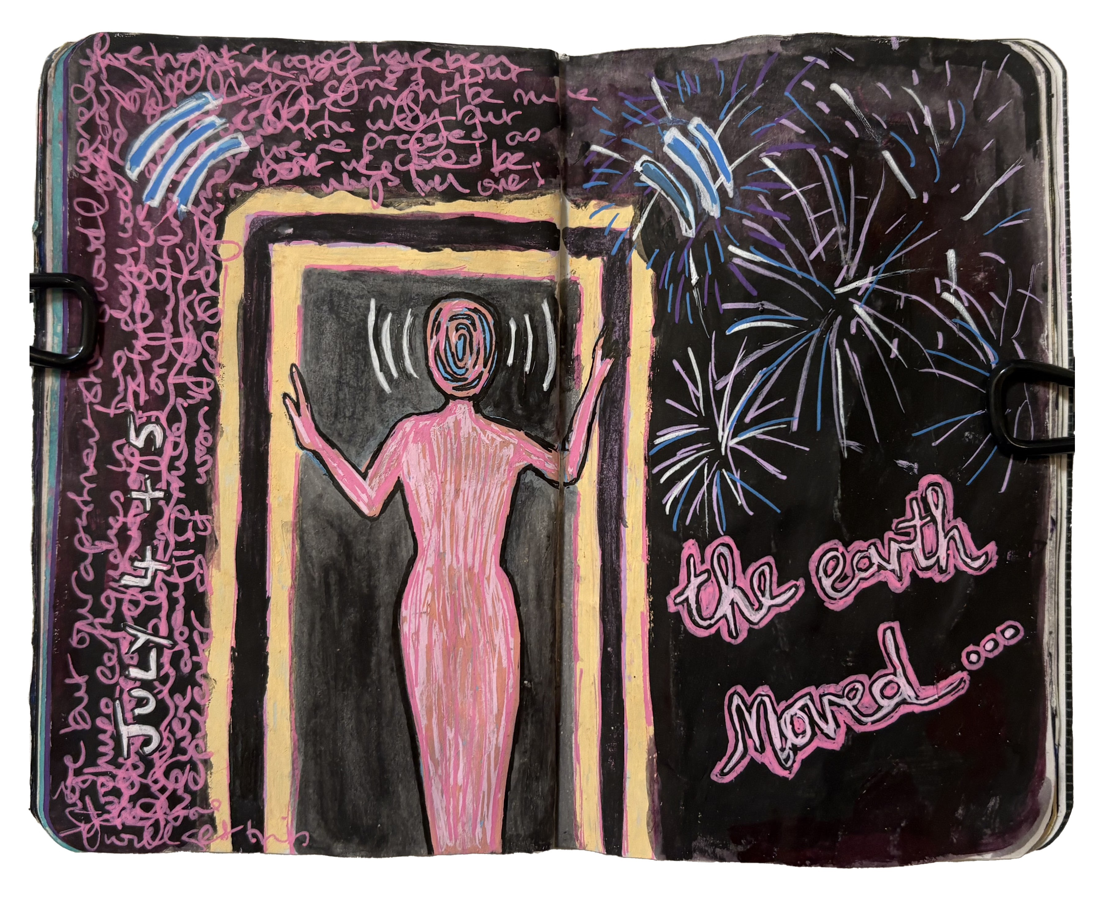 A scribbled mixed media art journal page mostly about an earthquake on Independence Day.