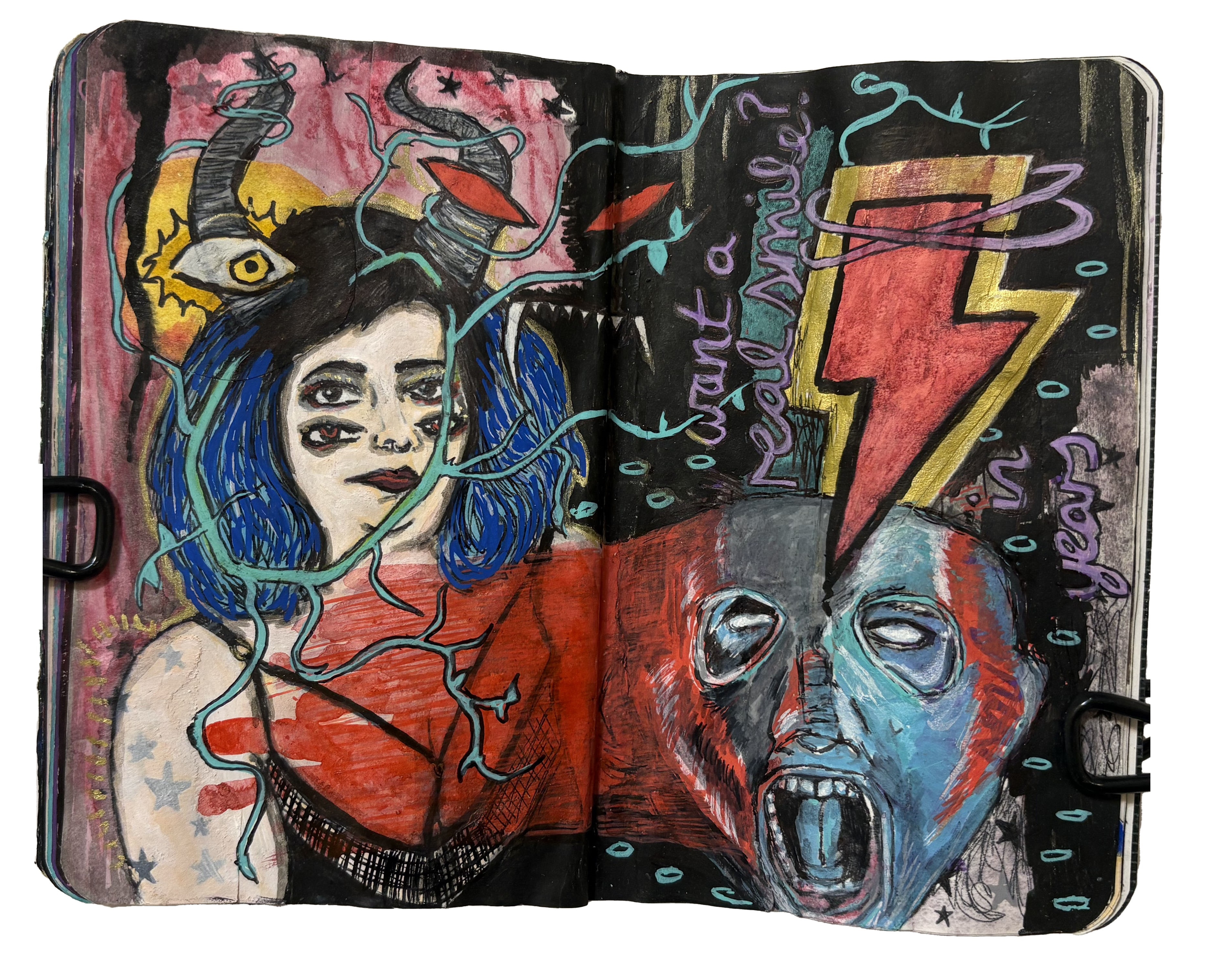 An art journal illustration of a blue haired woman with four eyes and horns, Corey Taylor screaming in a mask, demon symbols, lightning symbols, and lyrics by Slipknot. Drawing references from Sktchy.