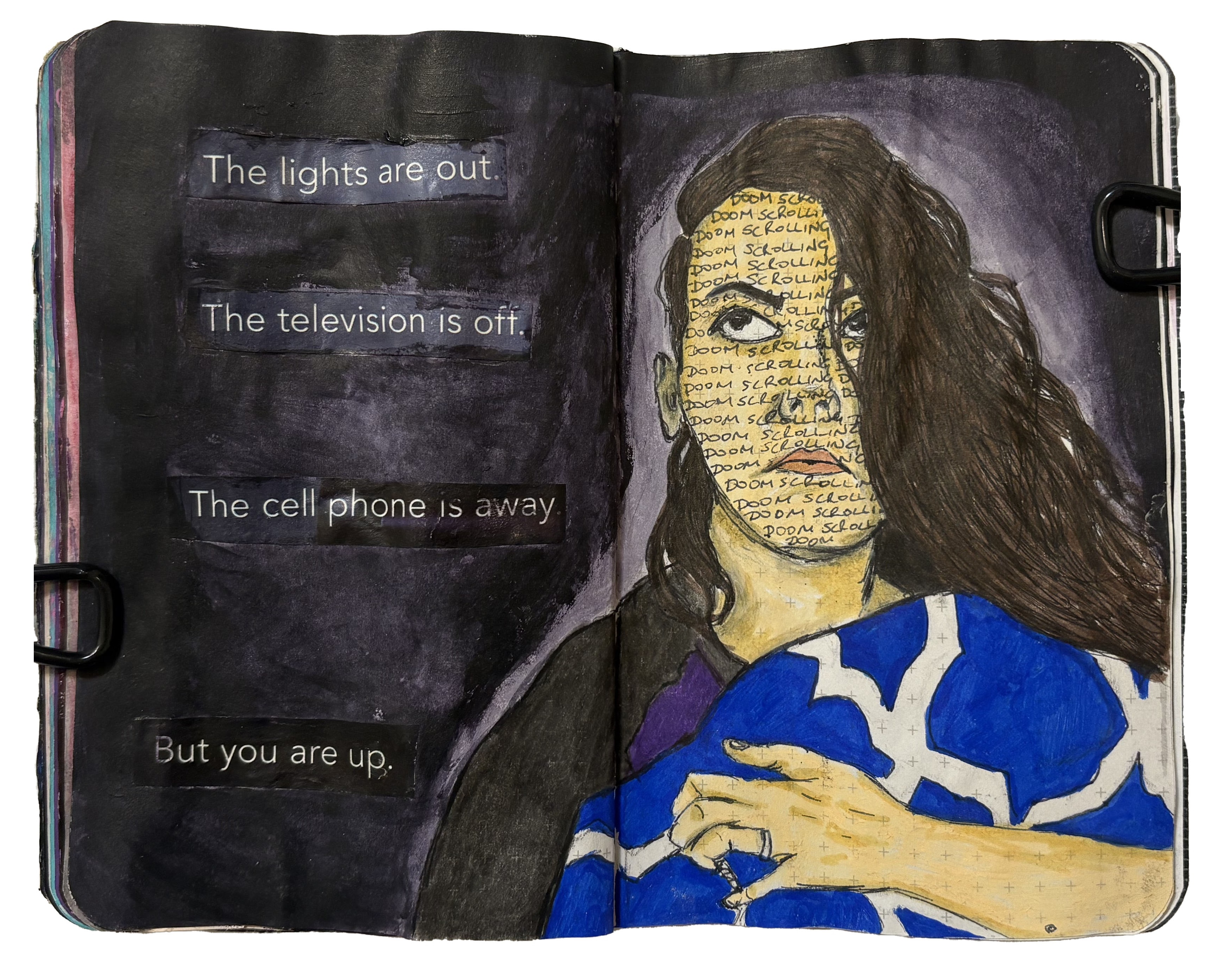 A mixed media art journal illustration with a self portrait about doomscrolling through my brain at night.