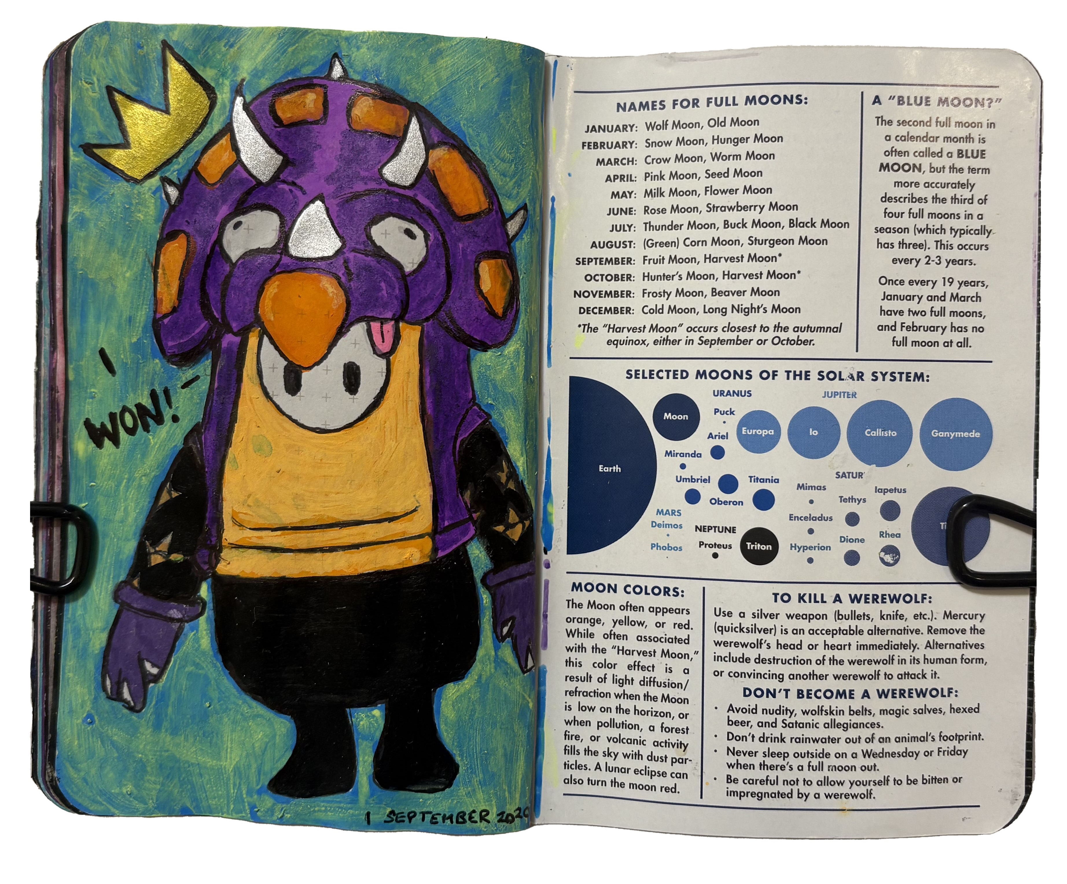 A mixed media art journal illustration of my Fall Guys bean in a triceratops outfit with my first crown.