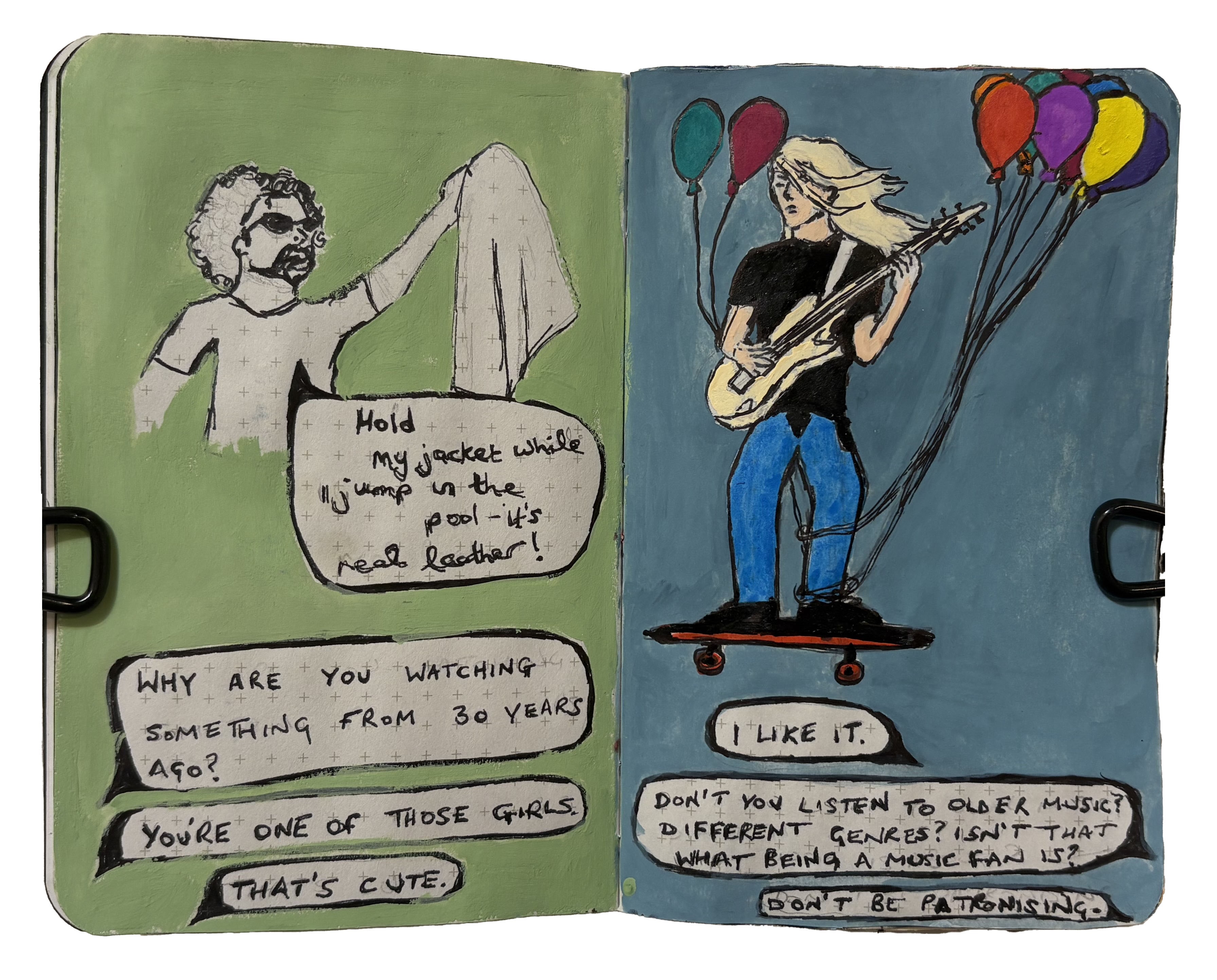 A mixed media art journal illustration to quickly document a dream I had about Alice in Chains and a weird text conversation. Sketches of William Duvall holding a leather jacket and Jerry Cantrell playing guitar on a flying skateboard.