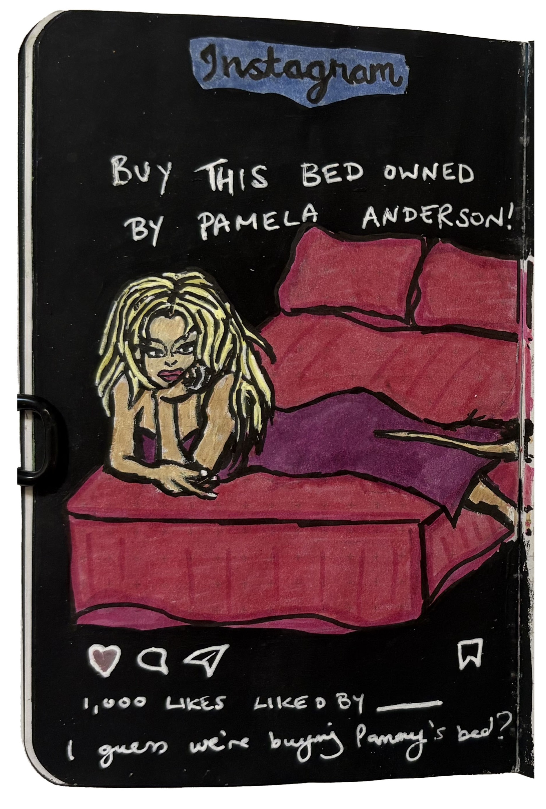 An illustrated art journal page to quickly document a dream I had about buying Pamela Anderson's bed on Instagram.