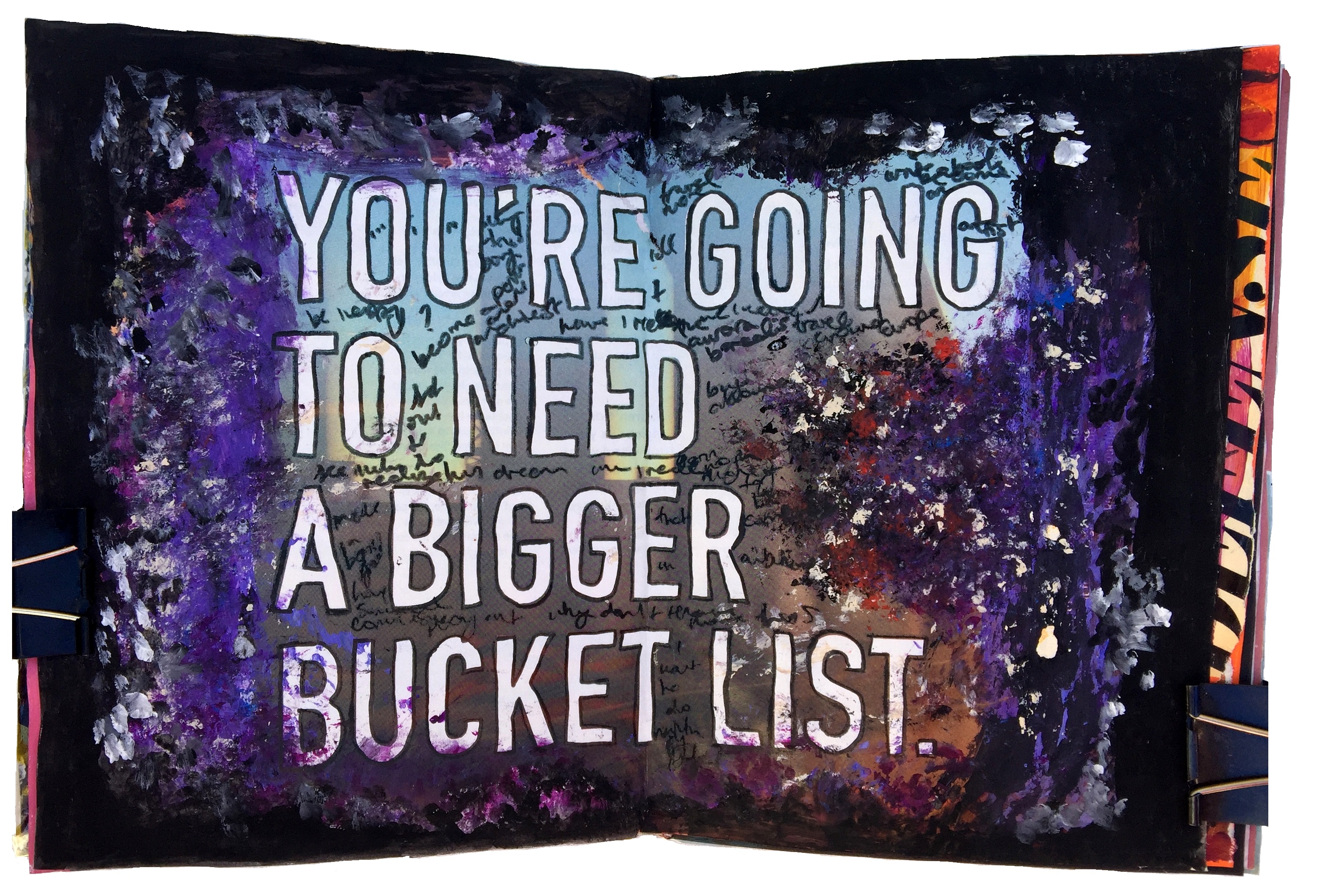 A mixed media art journal collage about my bucket list.