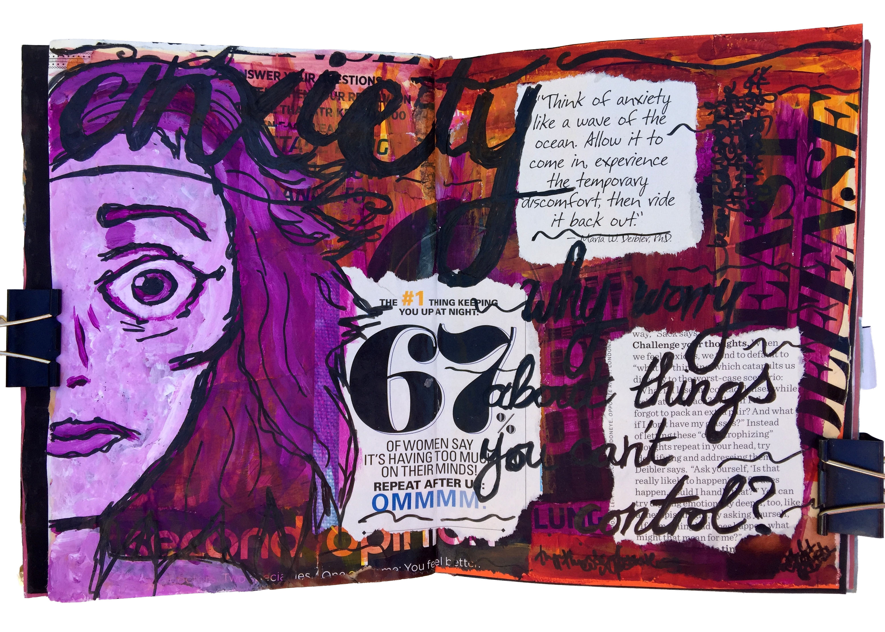 A mixed media art journal collage about anxiety.
