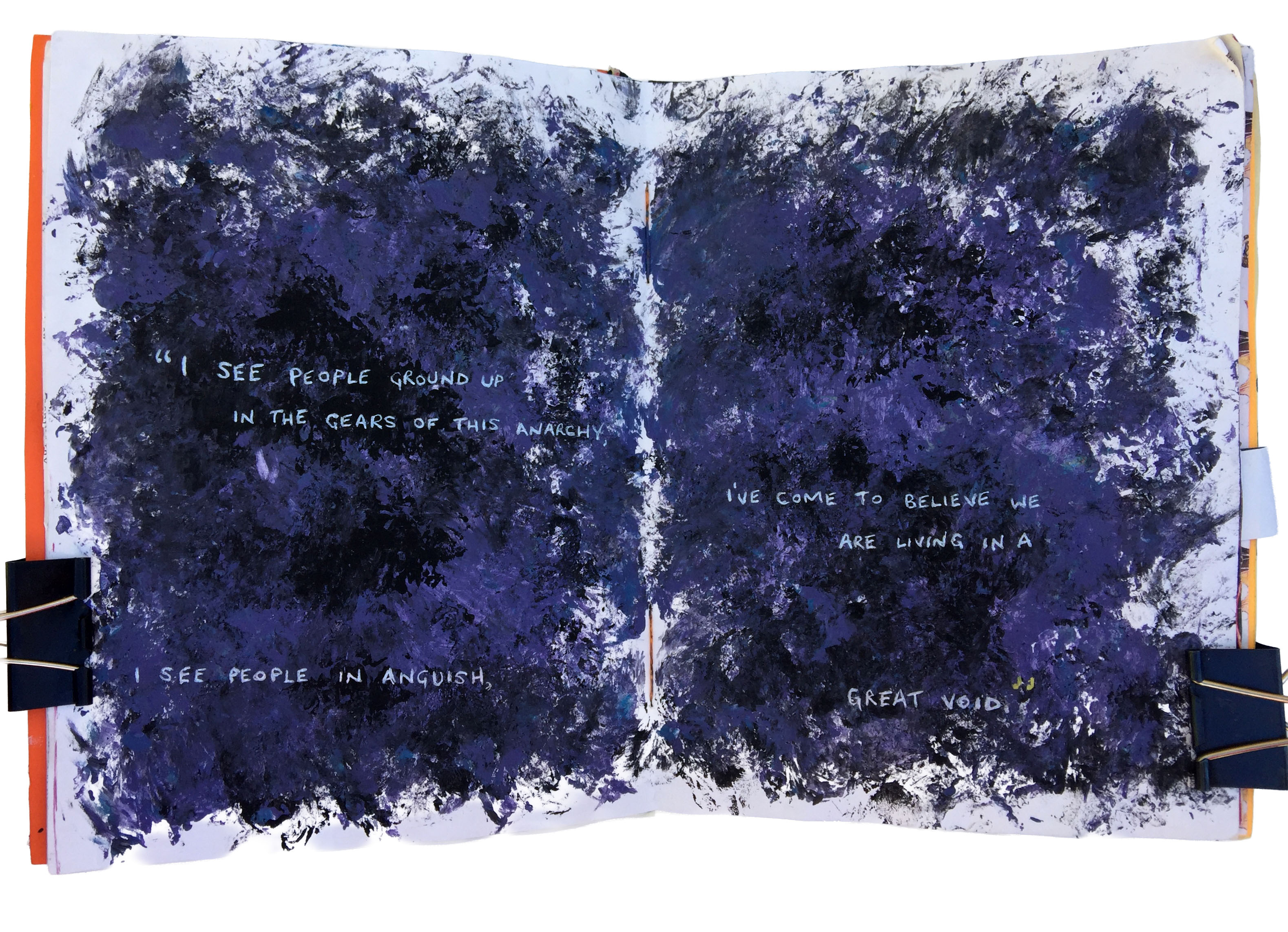 A messy abstract art journal painting with lyrics by Velvet Acid Christ written over the top.