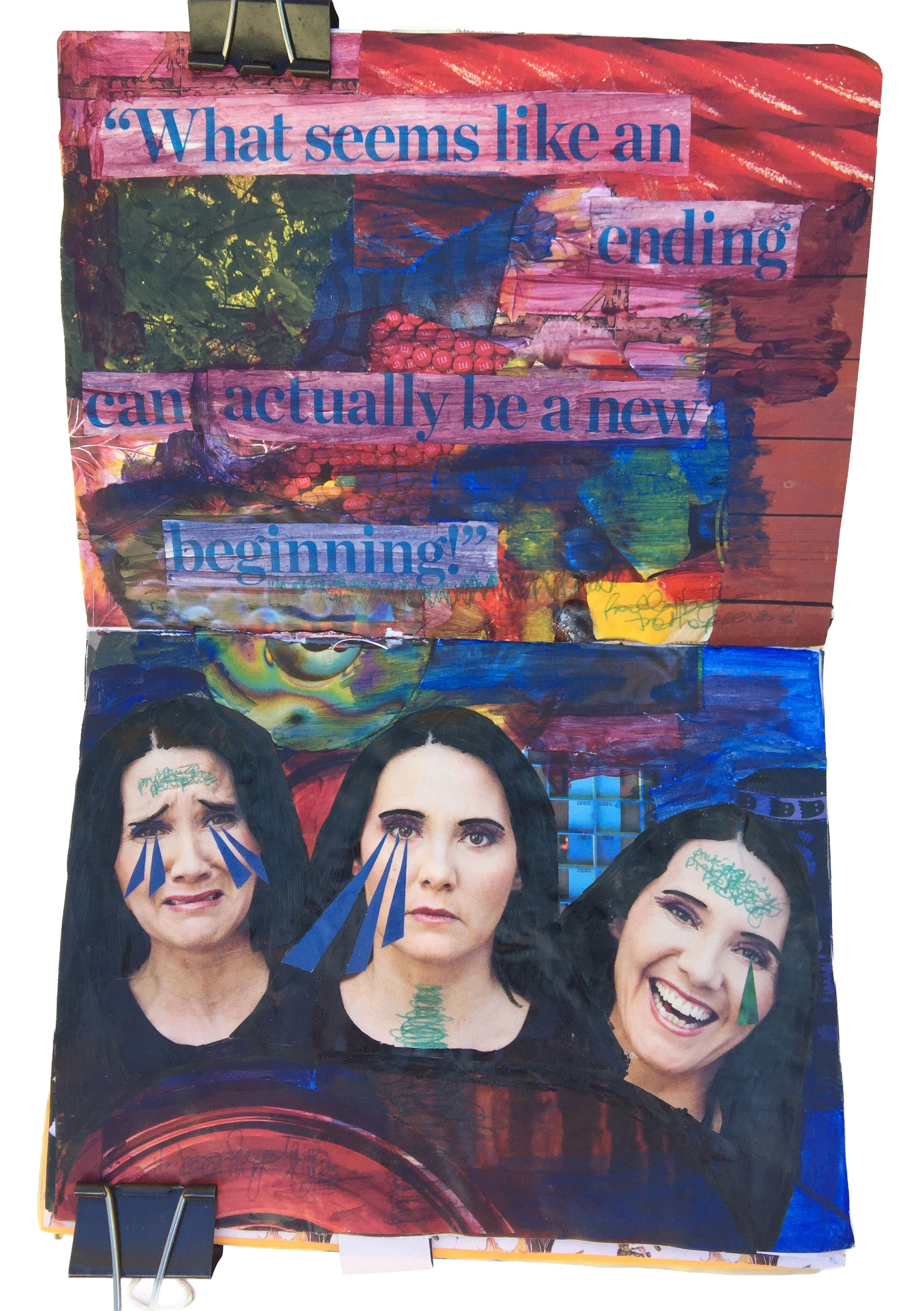 A mixed media art journal collage about endings and beginnings with sad, neutral, and happy expressions.