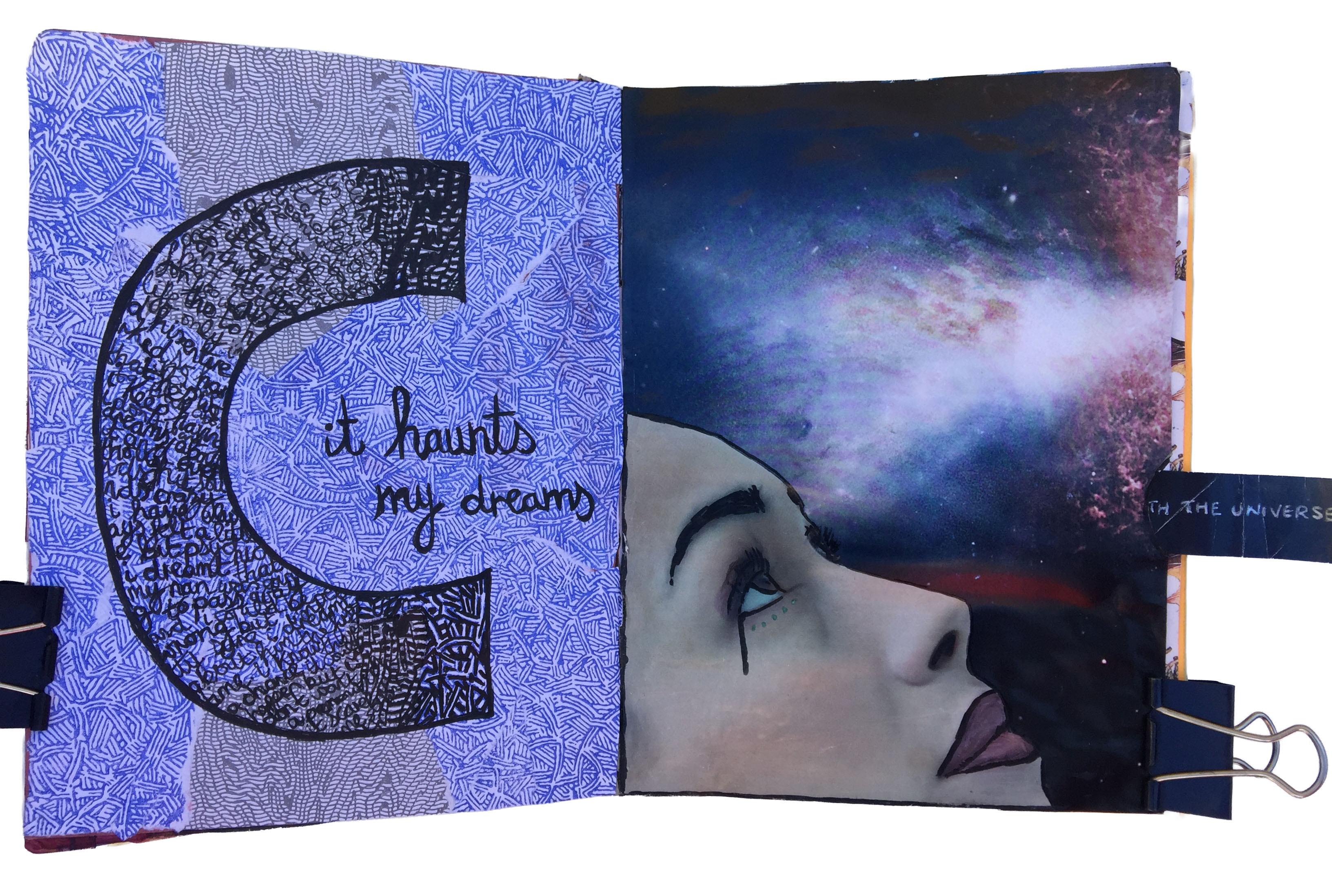 A mixed media art journal collage of a big C with the words it haunts my dreams and a woman looking to the universe.