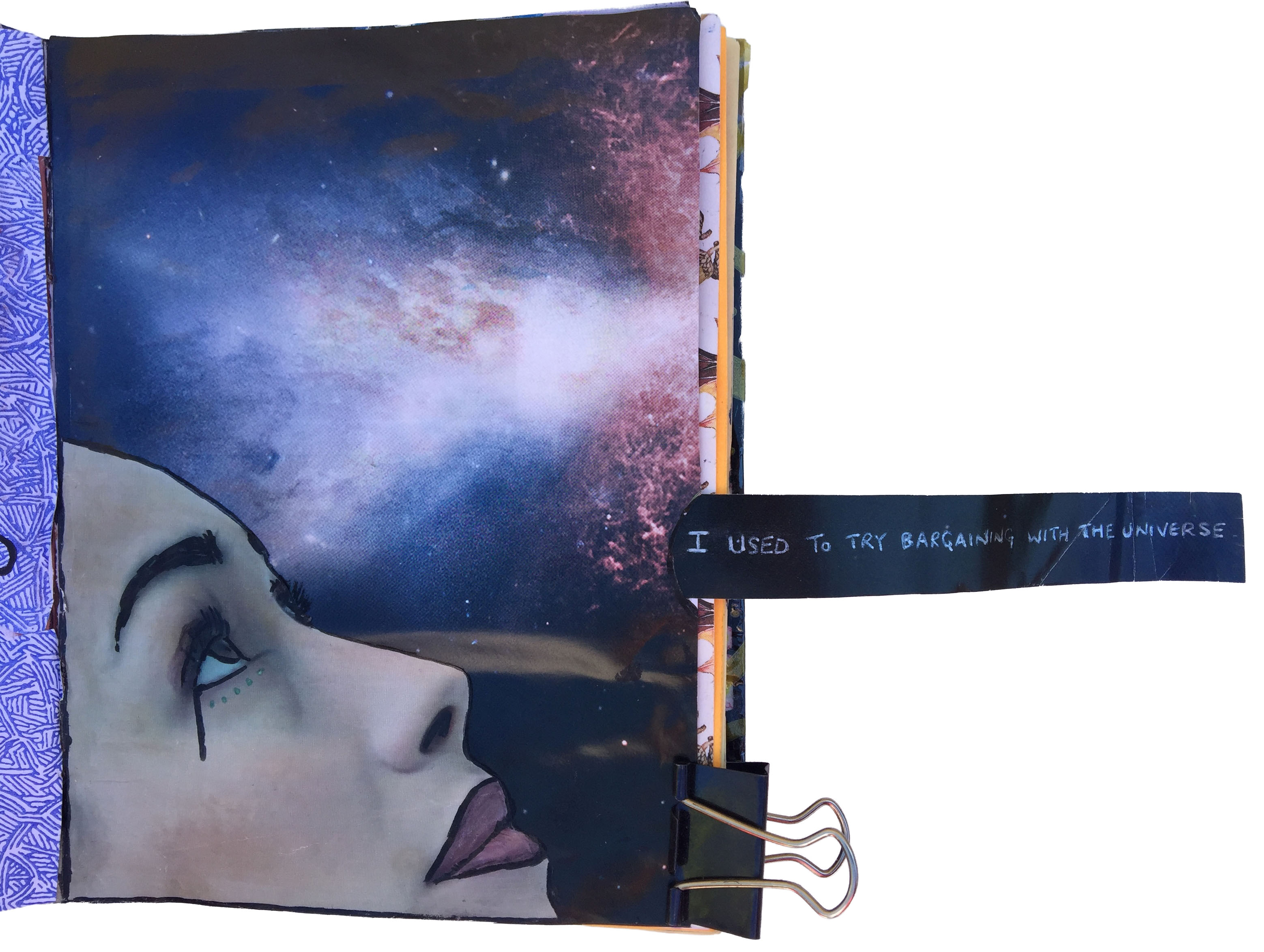 A mixed media art journal collage of a woman looking to the universe with the words I used to try bargaining with the universe.