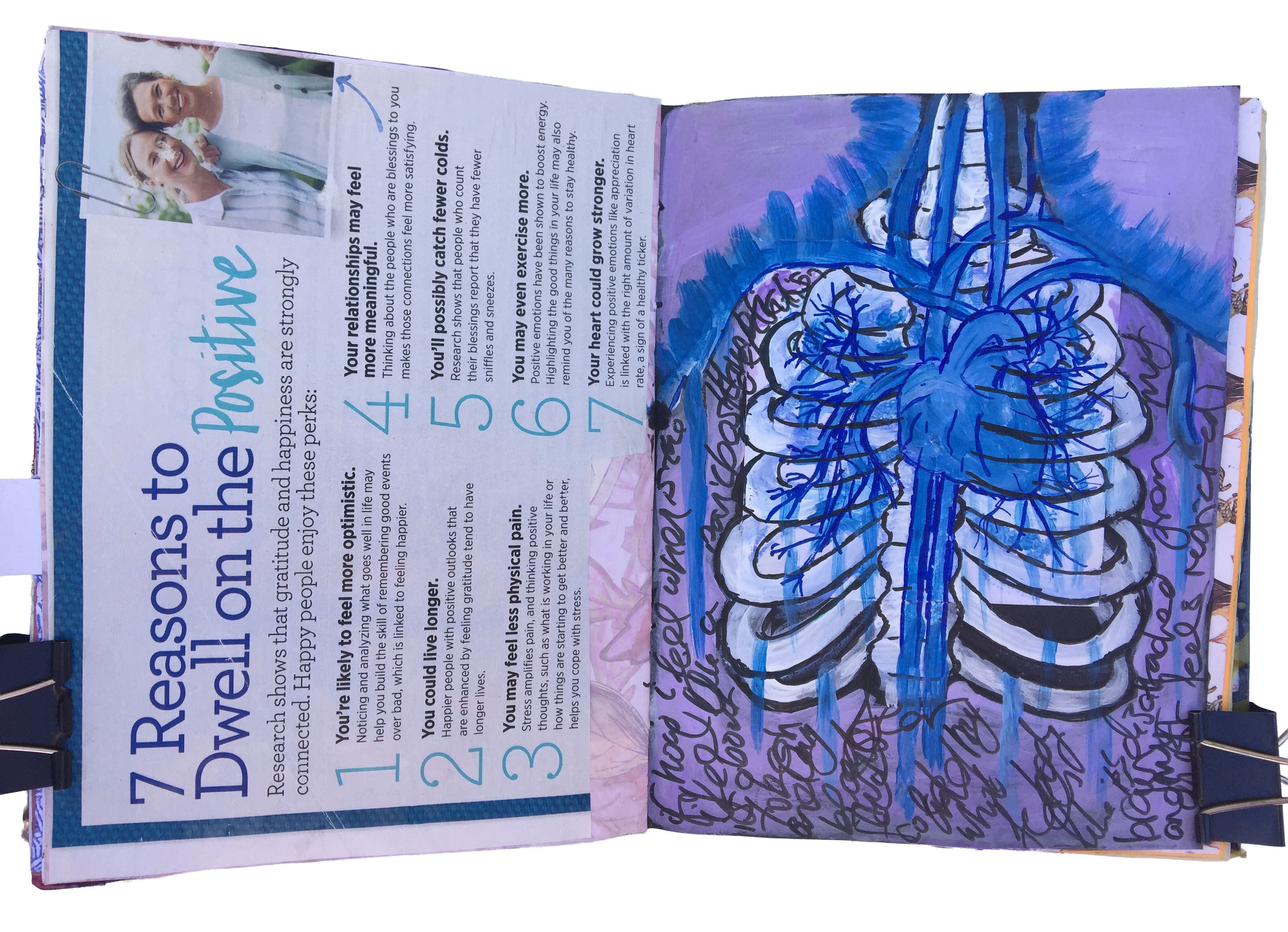 A mixed media art journal collage about positivity and an illustration of blood running cold within a body, featuring an anatomical heart and ribs.