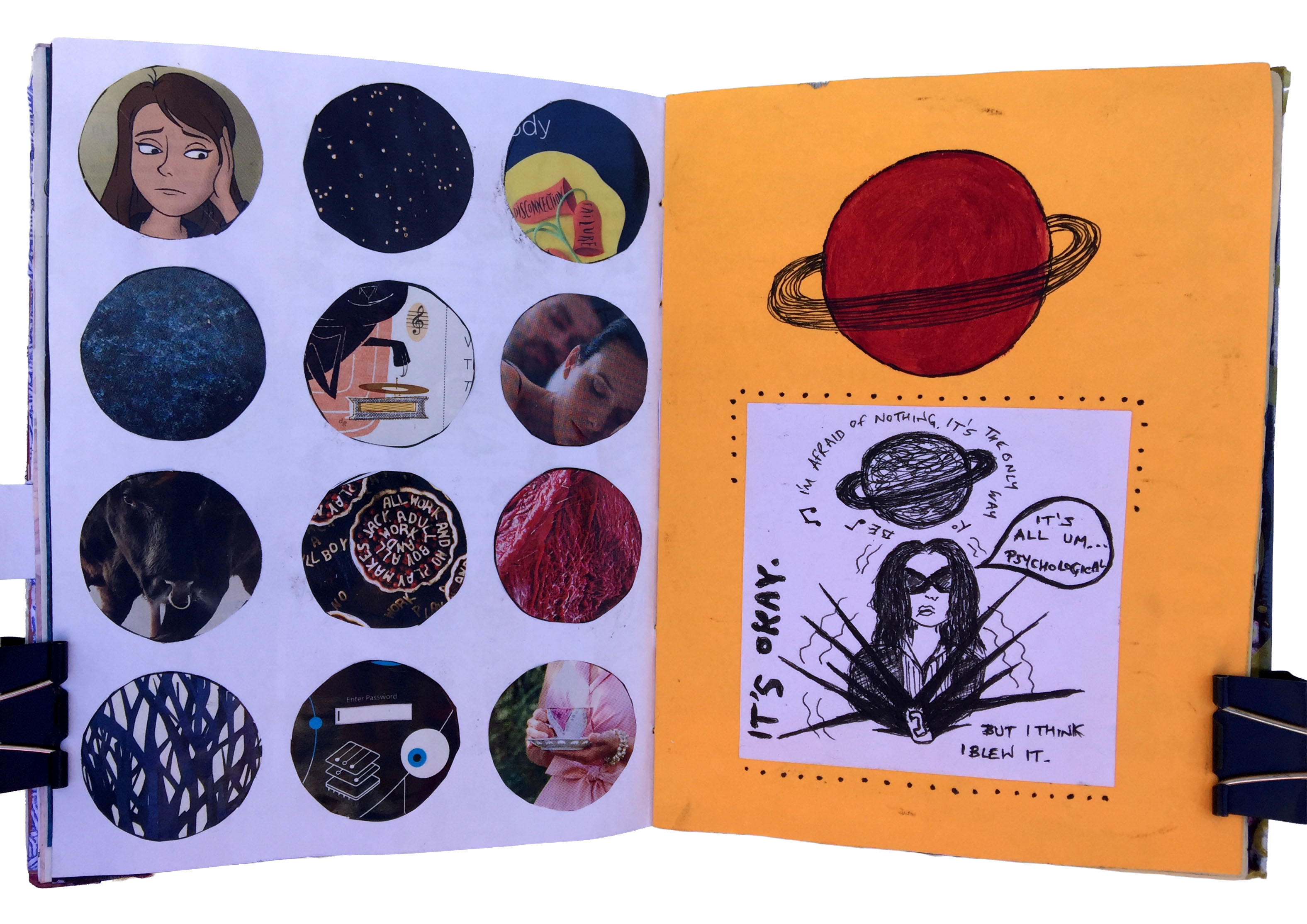 A mixed media art journal collage with random found images cut into circles and an illustration of myself after a job interview with lyrics by Monster Magnet and Saturn above me.