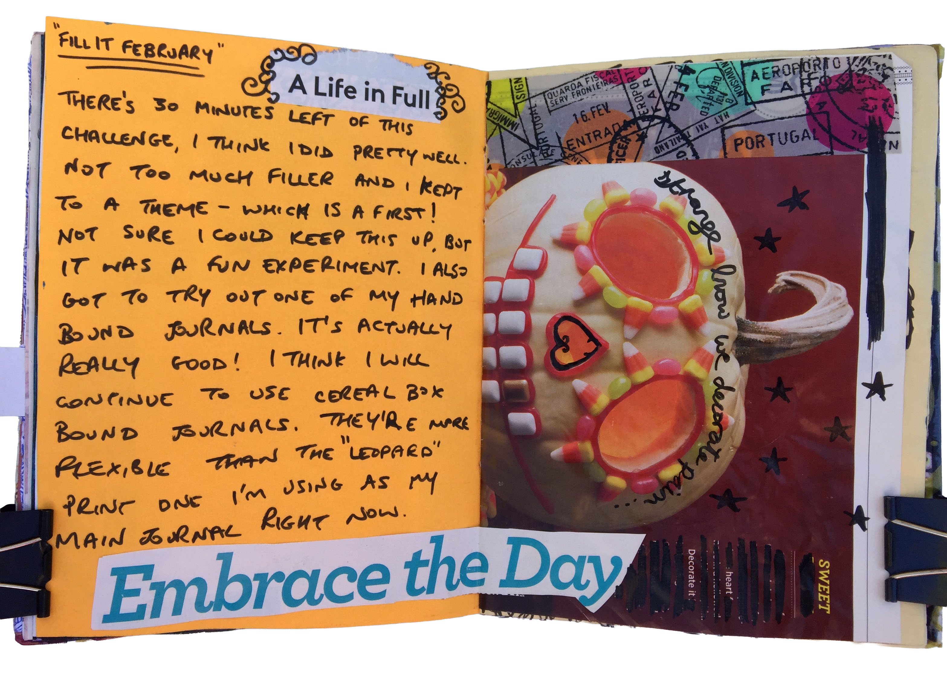 A mixed media art journal collage with thoughts about the month long journal challenge.