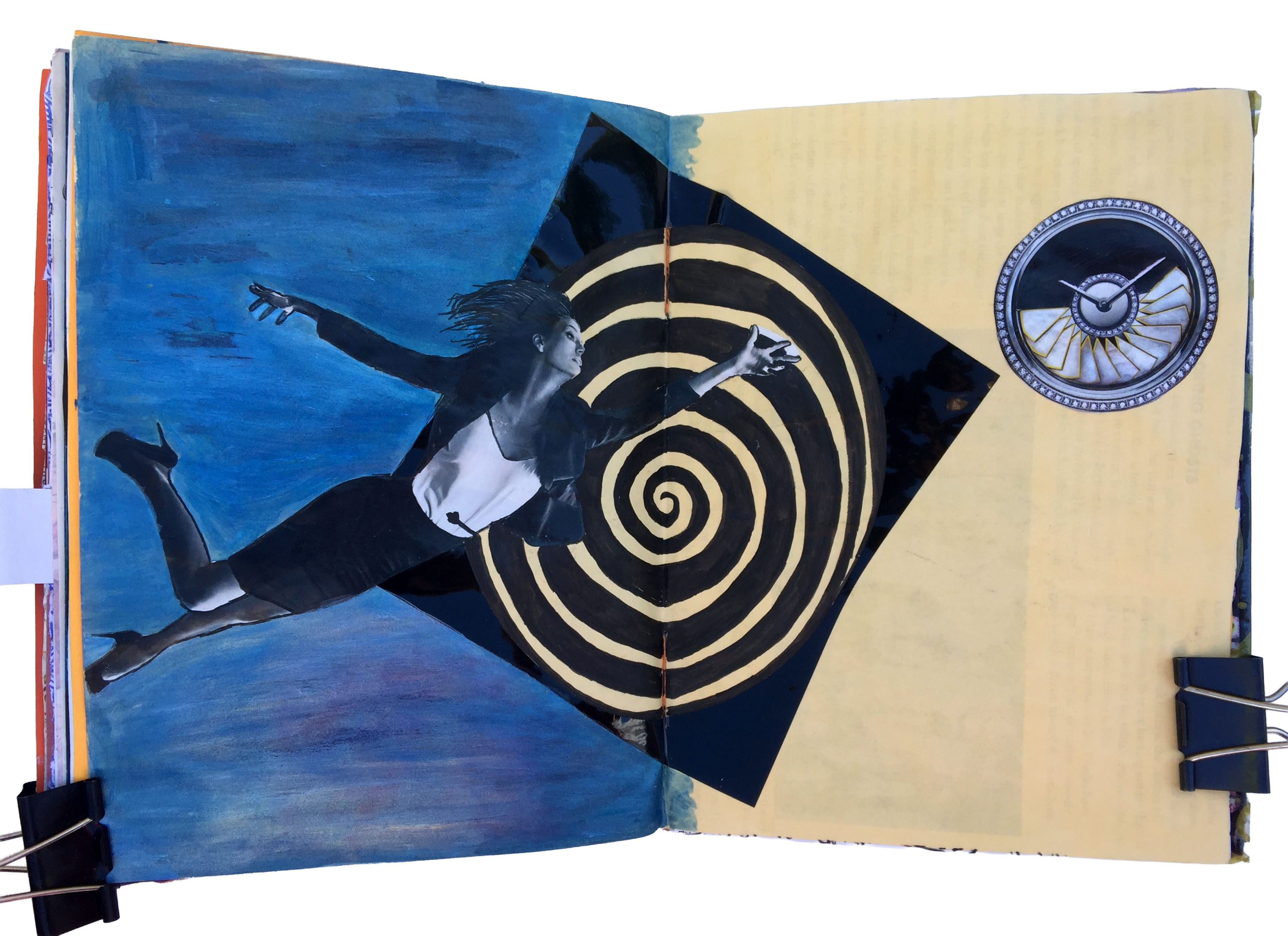 An art journal collage of a woman leaping towards time.