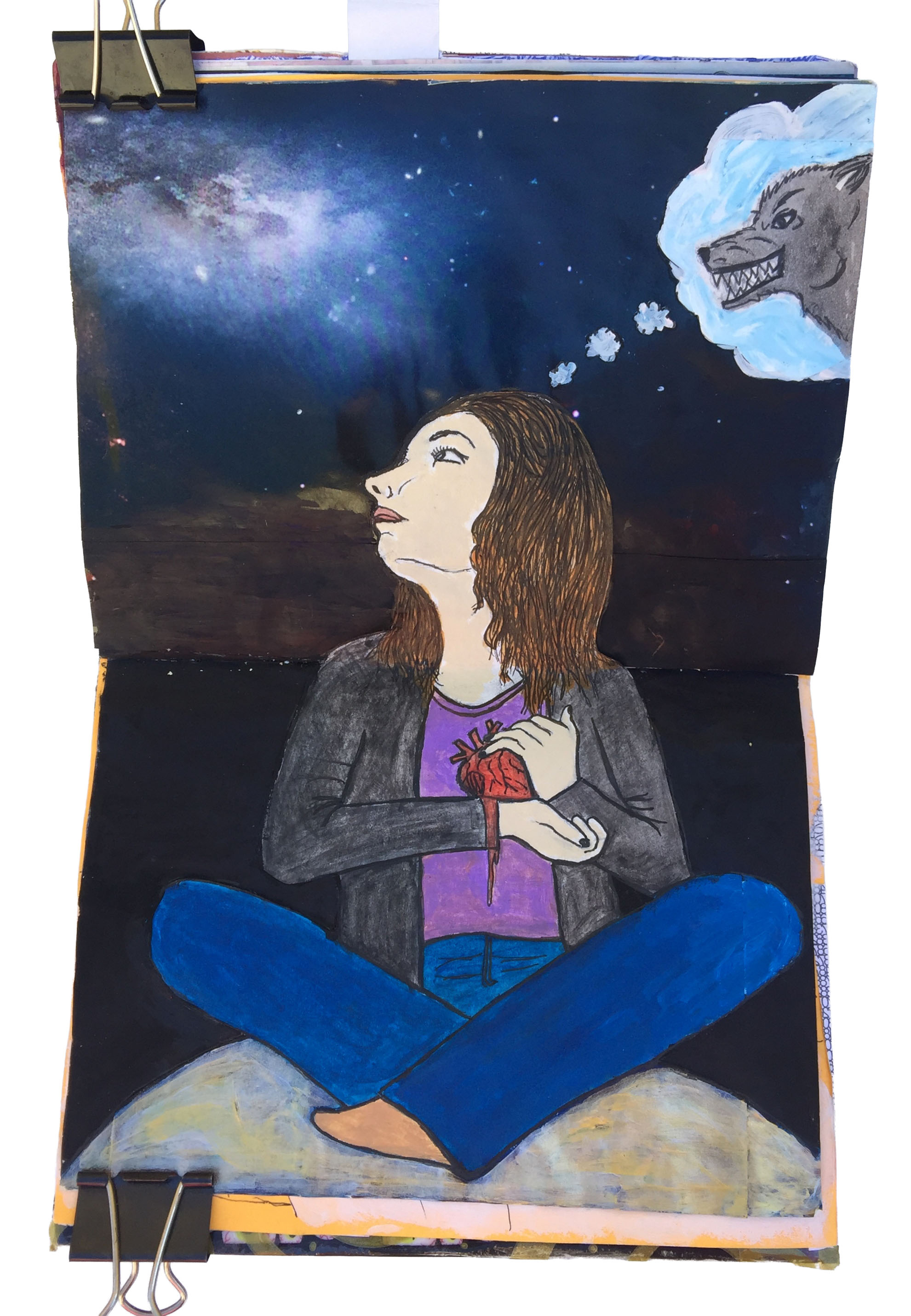 A mixed media art journal illustration of a woman sitting in space with her heart on her sleeve and thoughts about wolves.