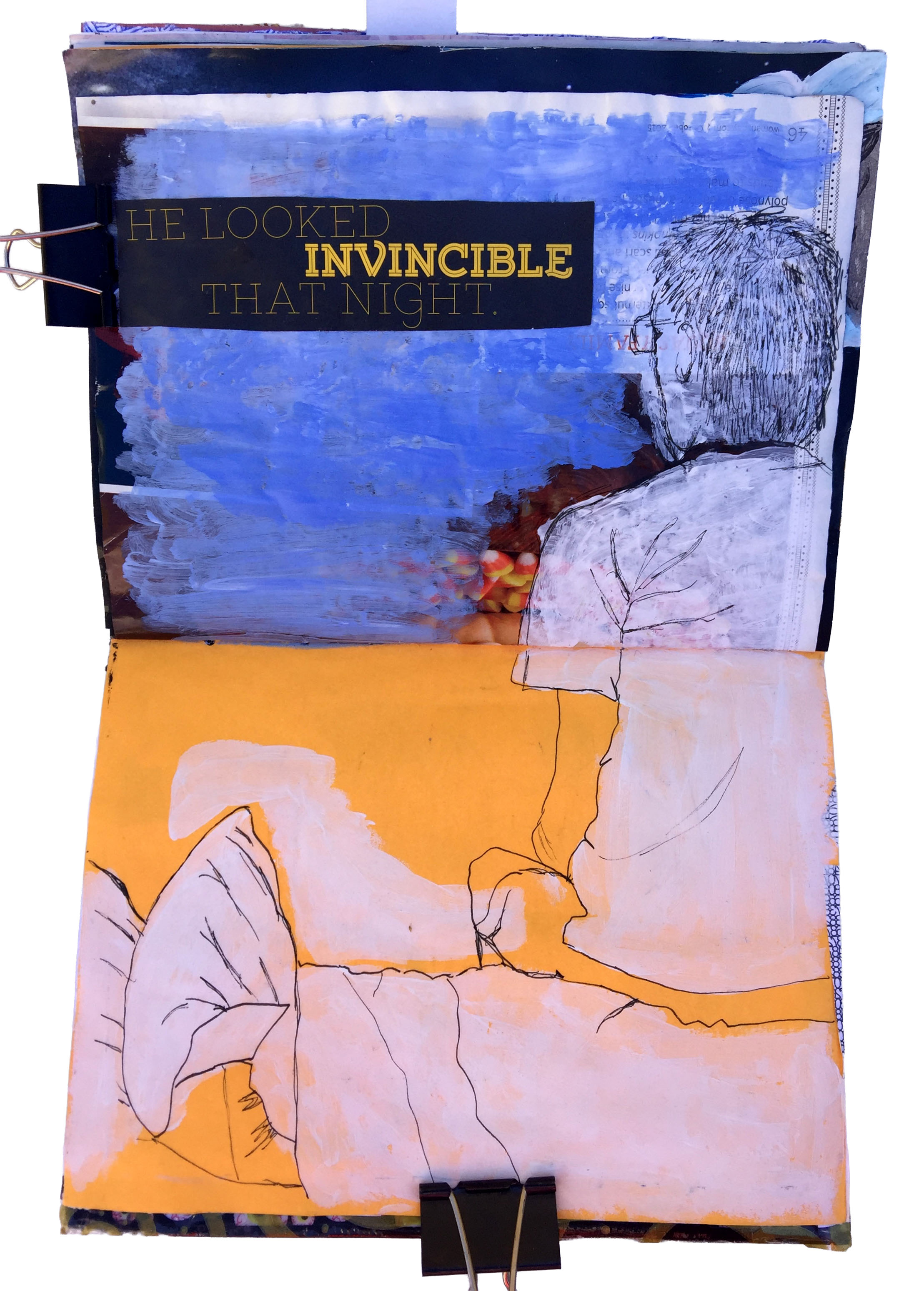 A mixed media art journal illustration of my dad in hospital with the words he looked invincible that night.
