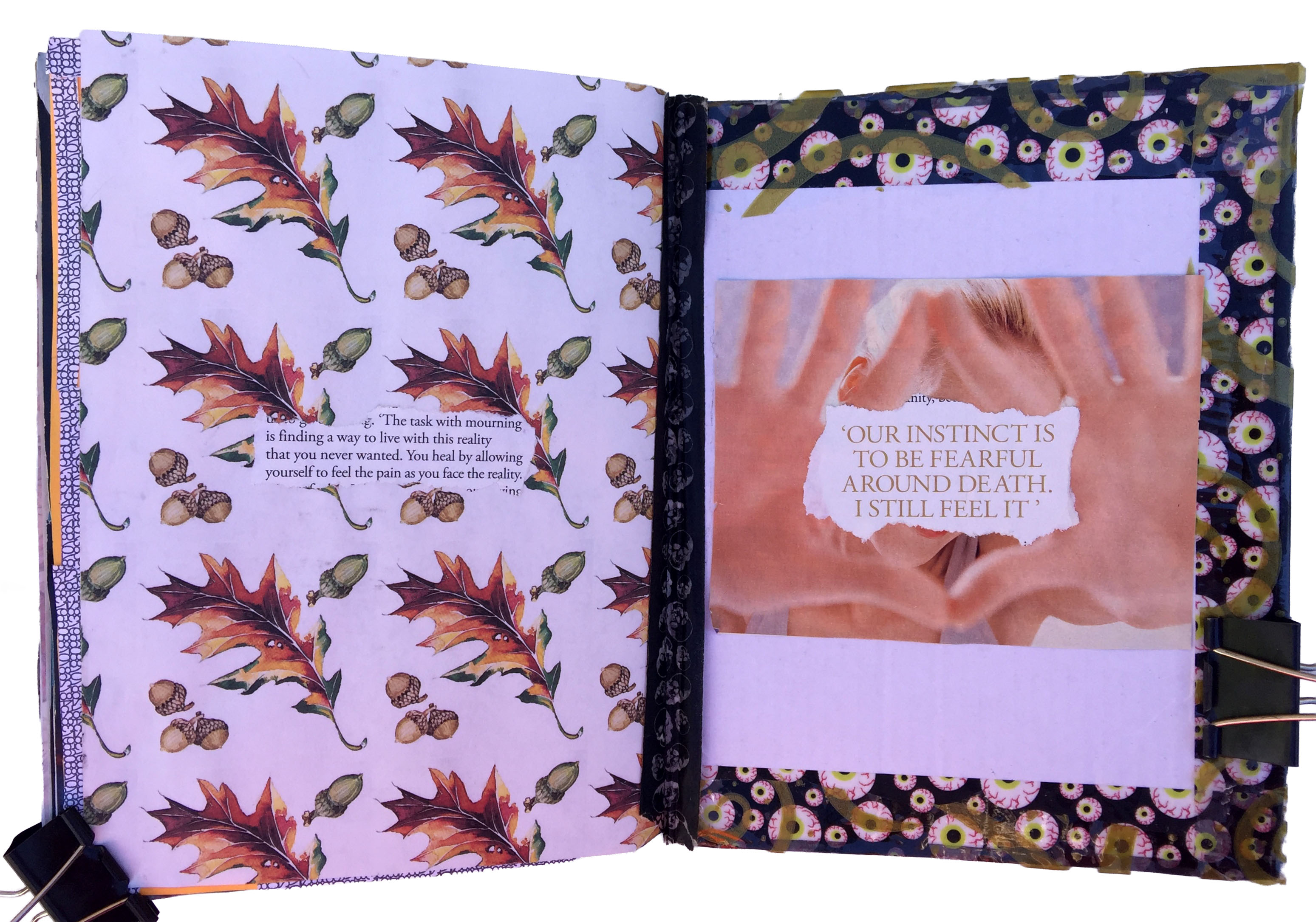 An art journal collage with quotes about death.