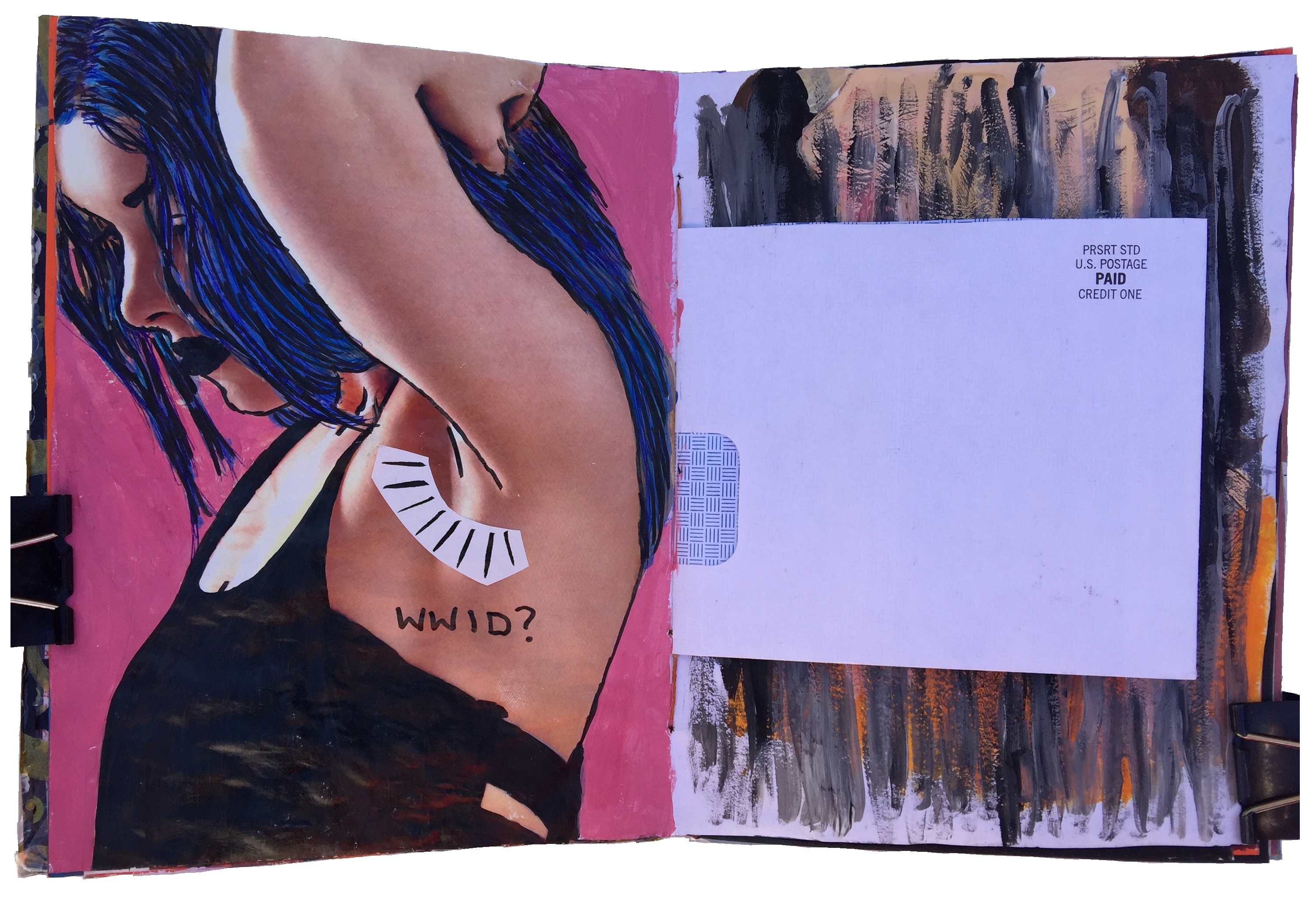 A mixed media art journal collage of a blue haired woman with WWID under her armpit.