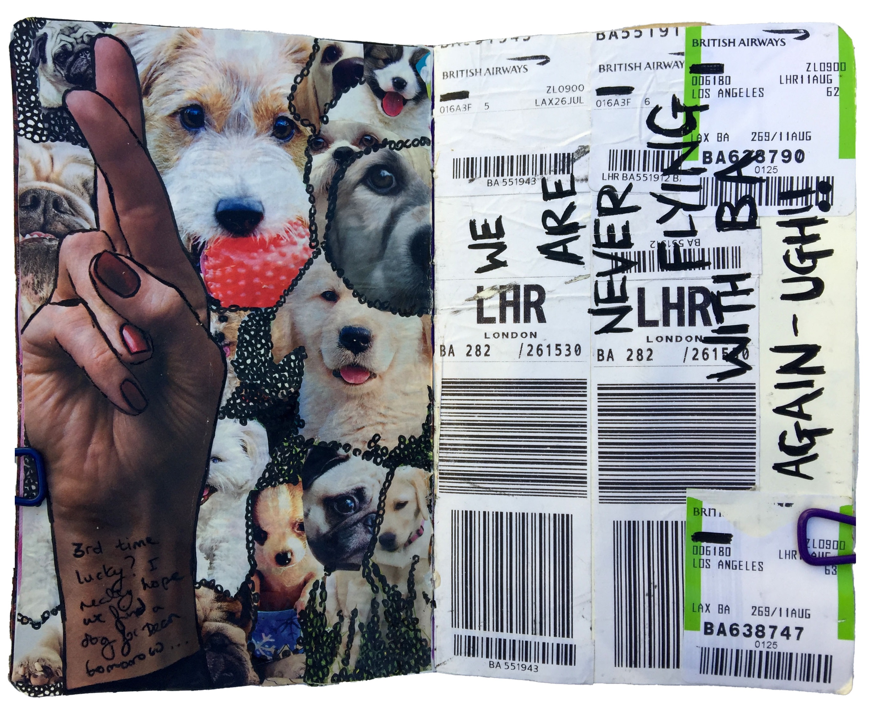 A mixed media art journal collage about trying to adopt a dog and flying to the UK.
