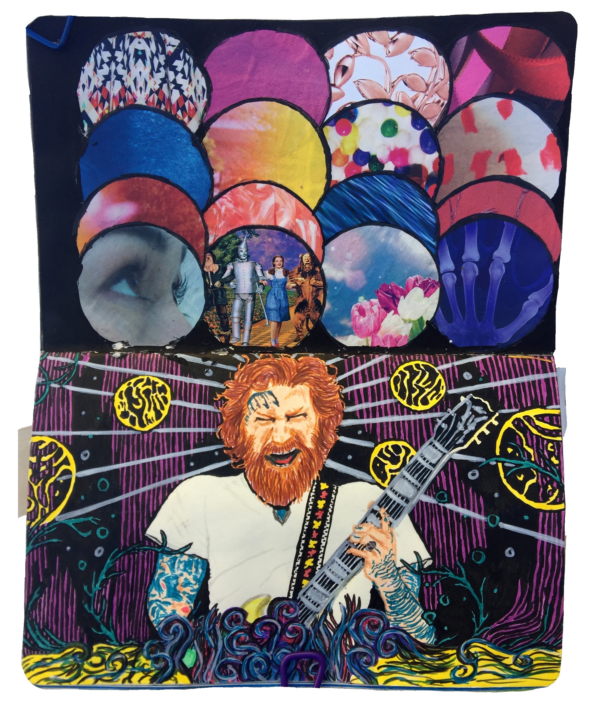 A mixed media art journal collage of random images and an illustration of Brent Hinds from the band Mastodon playing guitar.