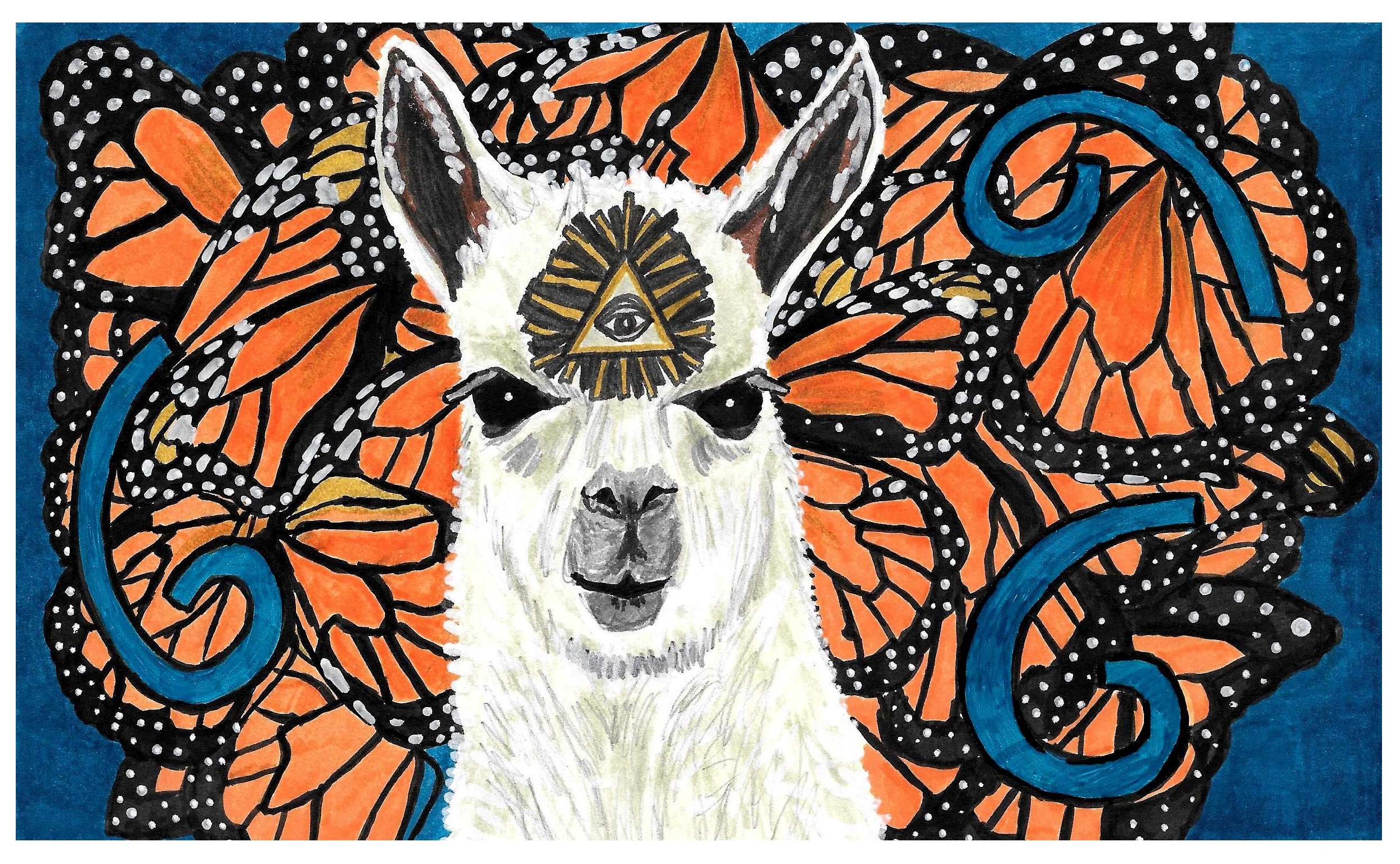 An art journal illustration of an illuminati llama (or IllumaLlama) with an all-seeing eye in front of monarch butterflies.