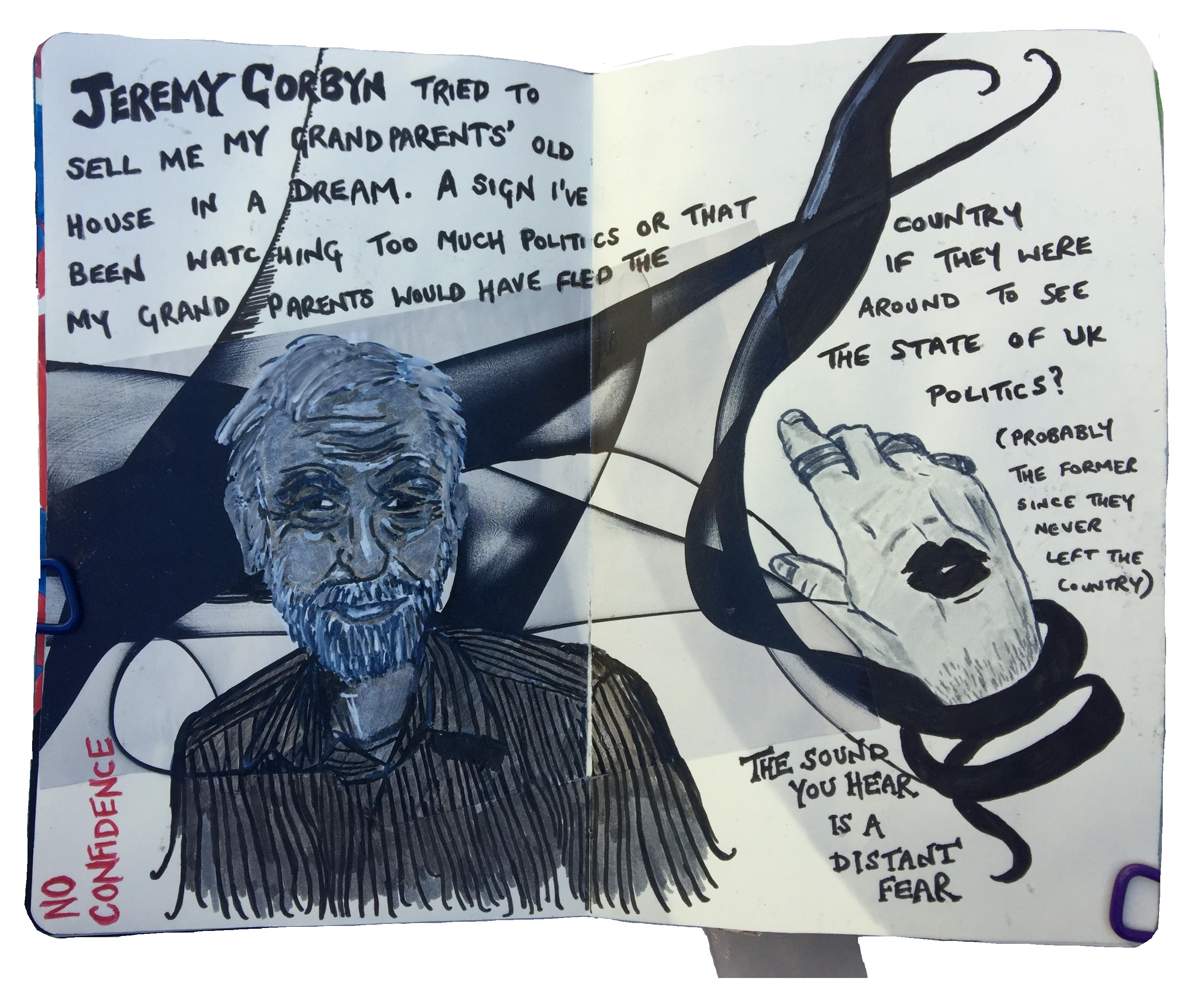 A mixed media art journal illustration of politician Jeremy Corbyn and a dream I had about him, with a drawing of an album cover by the band My Jerusalem and some of their lyrics.