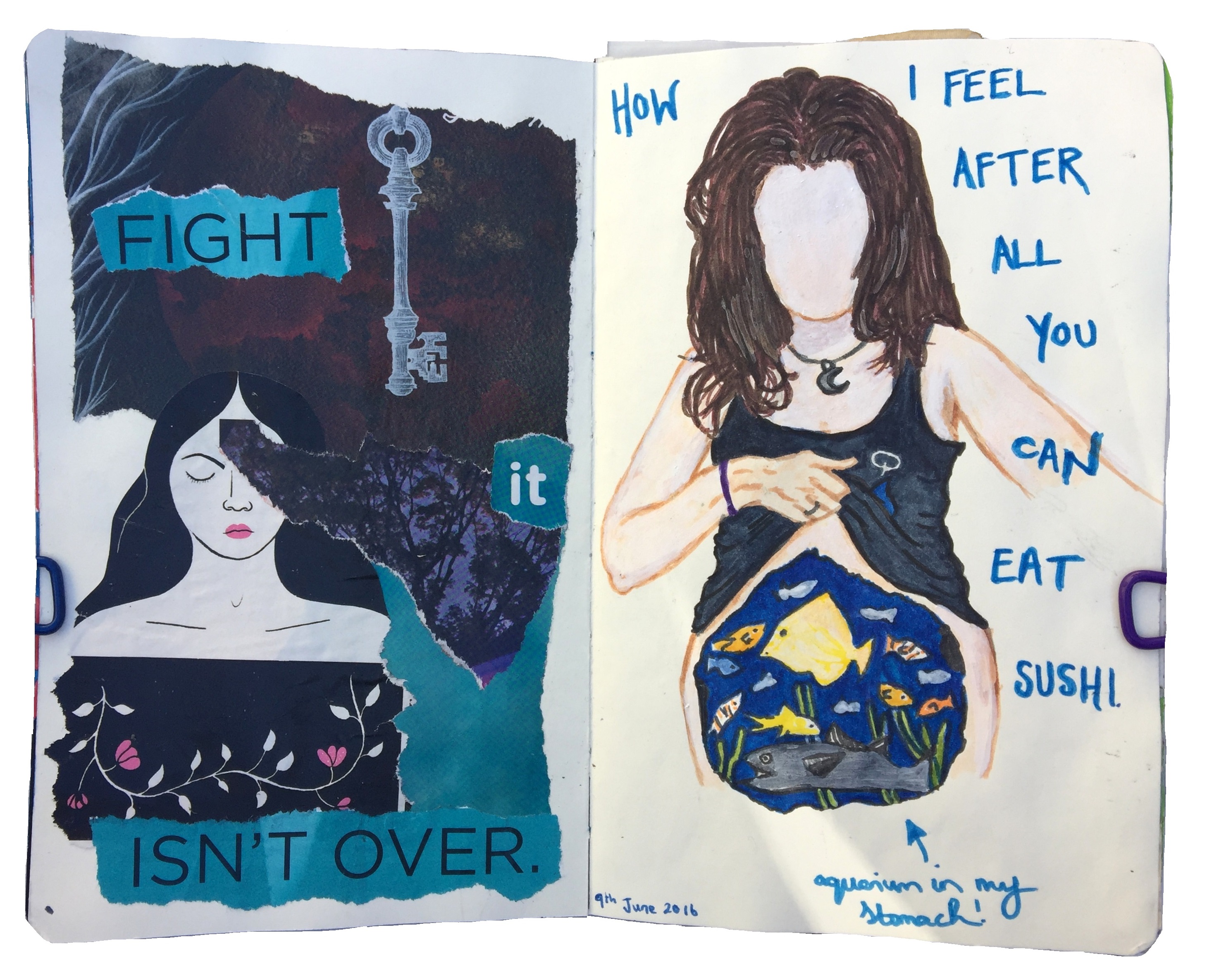 A mixed media art journal collage about continuing to fight and a self portrait illustration with an aquarium in my stomach after eating too much sushi.