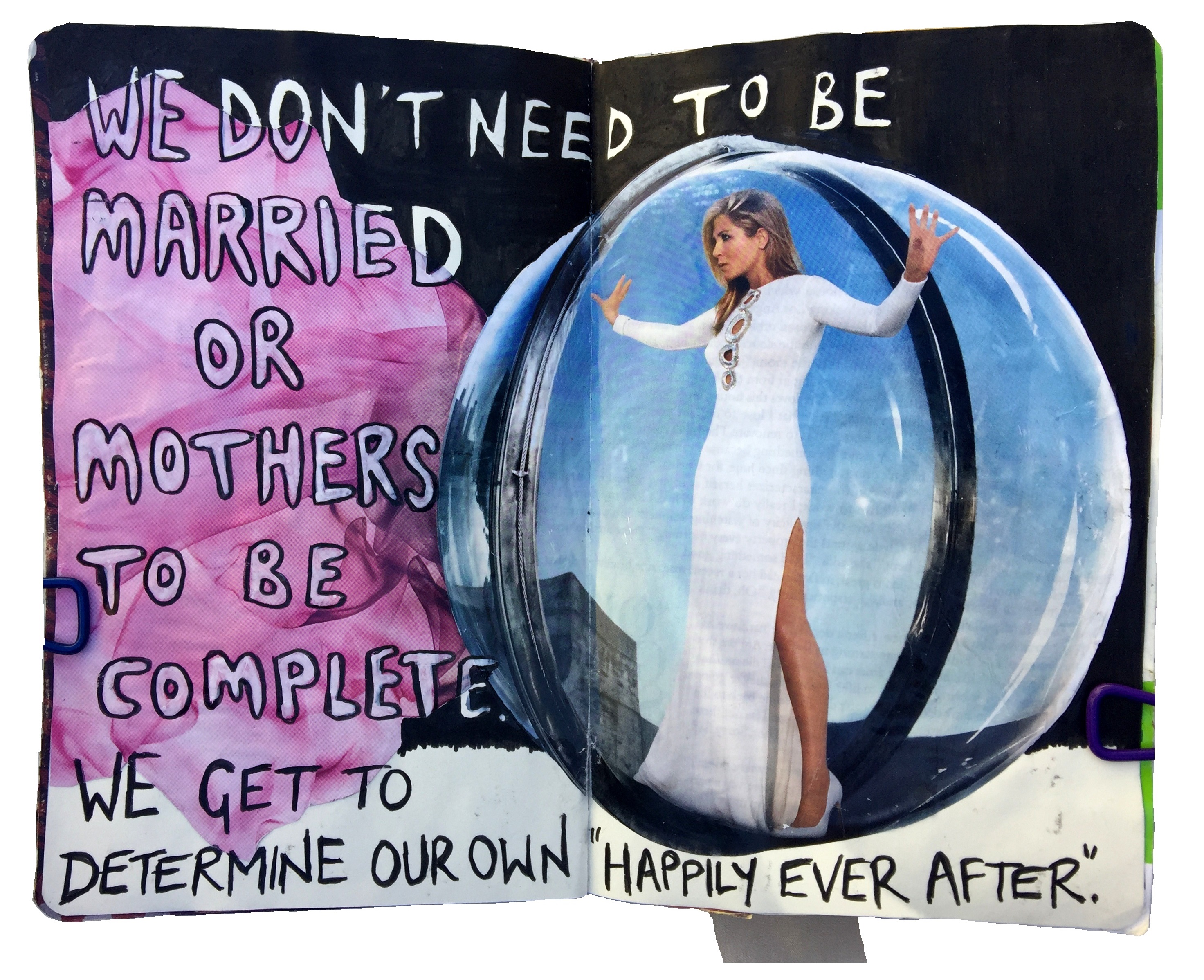 A mixed media art journal collage of Jennifer Aniston inside a bubble and a quote by her about marriage and motherhood not needing to be a happily ever after.