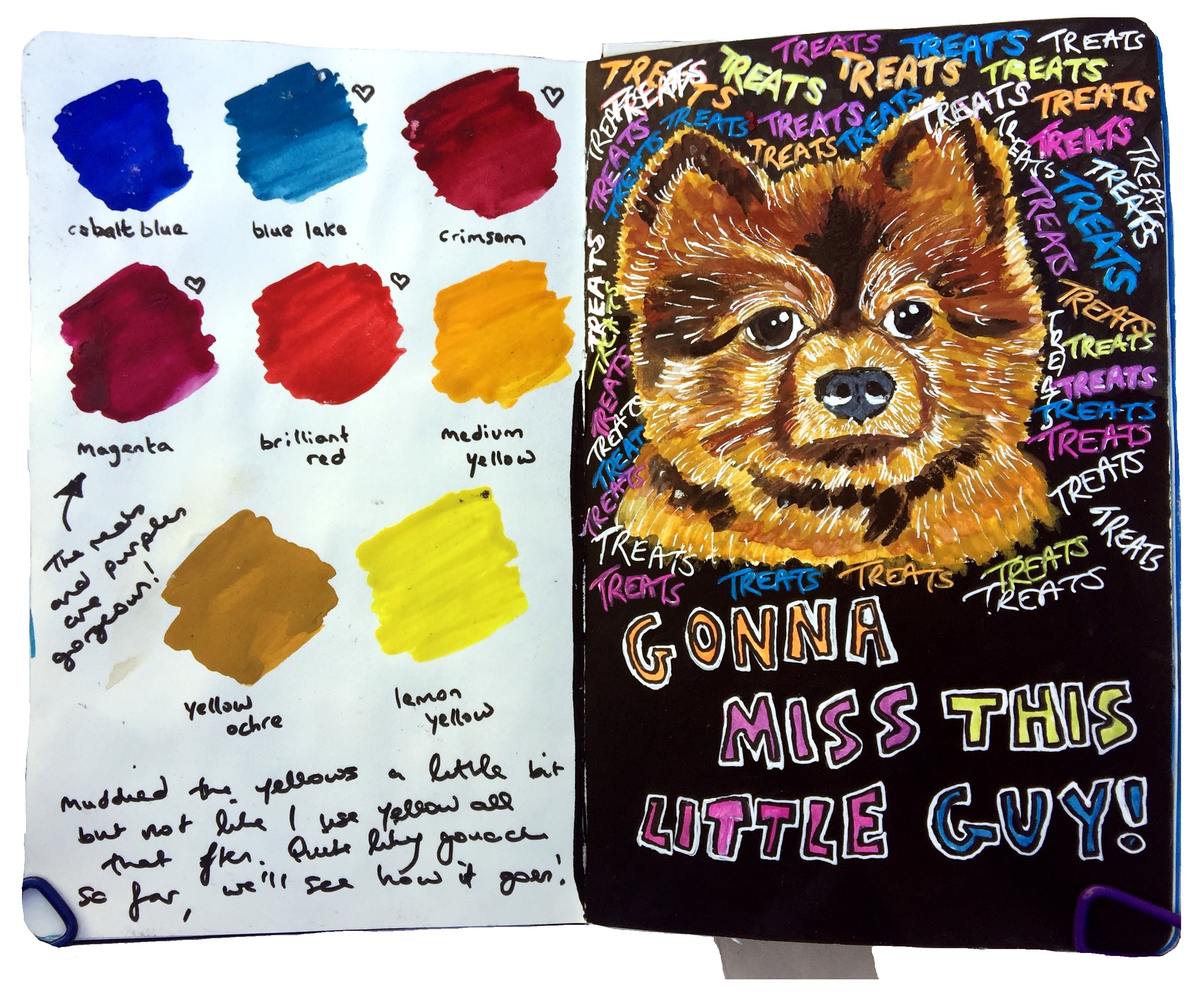 A mixed media art journal page of swatches and an illustration of a Pomeranian dog looking sad about a lack of treats.