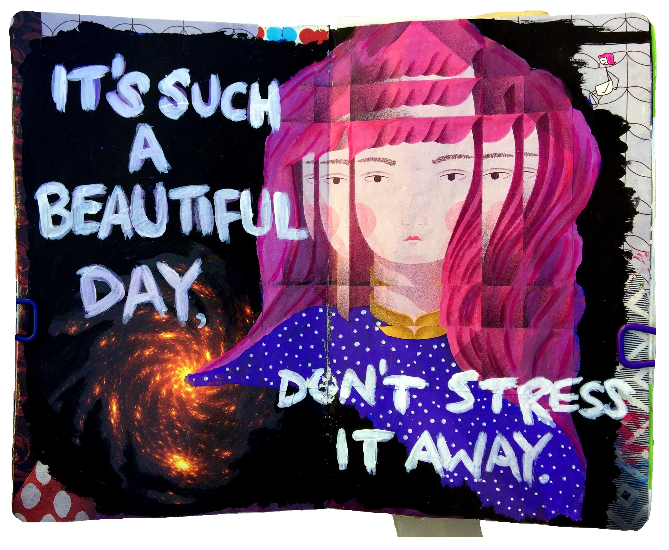 A mixed media art journal collage of a woman looking disoriented and getting sucked into a black hole with the words it's such a beautiful day, don't stress it away.