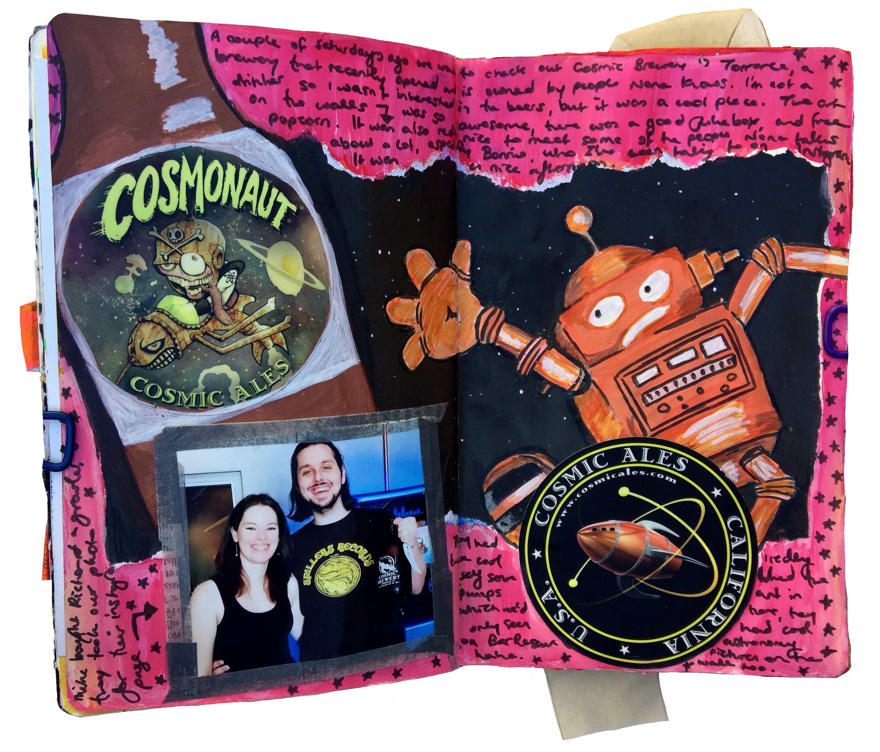 A mixed media art journal illustration of a mural at a brewery we went to with a photograph of me and my husband and stickers.