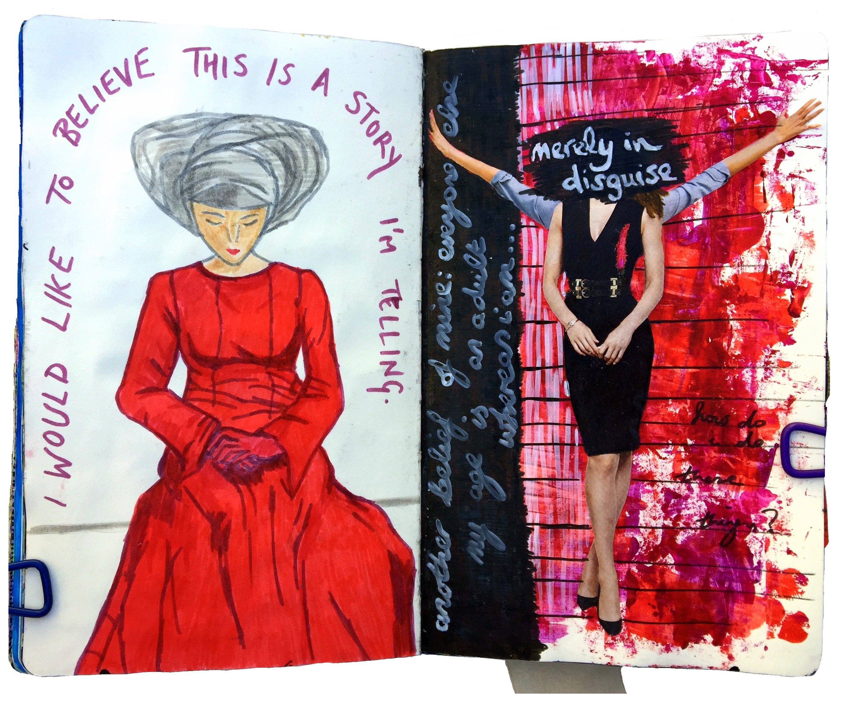 Day 8 of Art Every Day Month. A mixed media art journal illustration of a handmaid from The Handmaid's Tale from an original drawing by Erin McGuire and a collage of a woman with a quote from Cat's Eye both by Margaret Atwood with quotes.