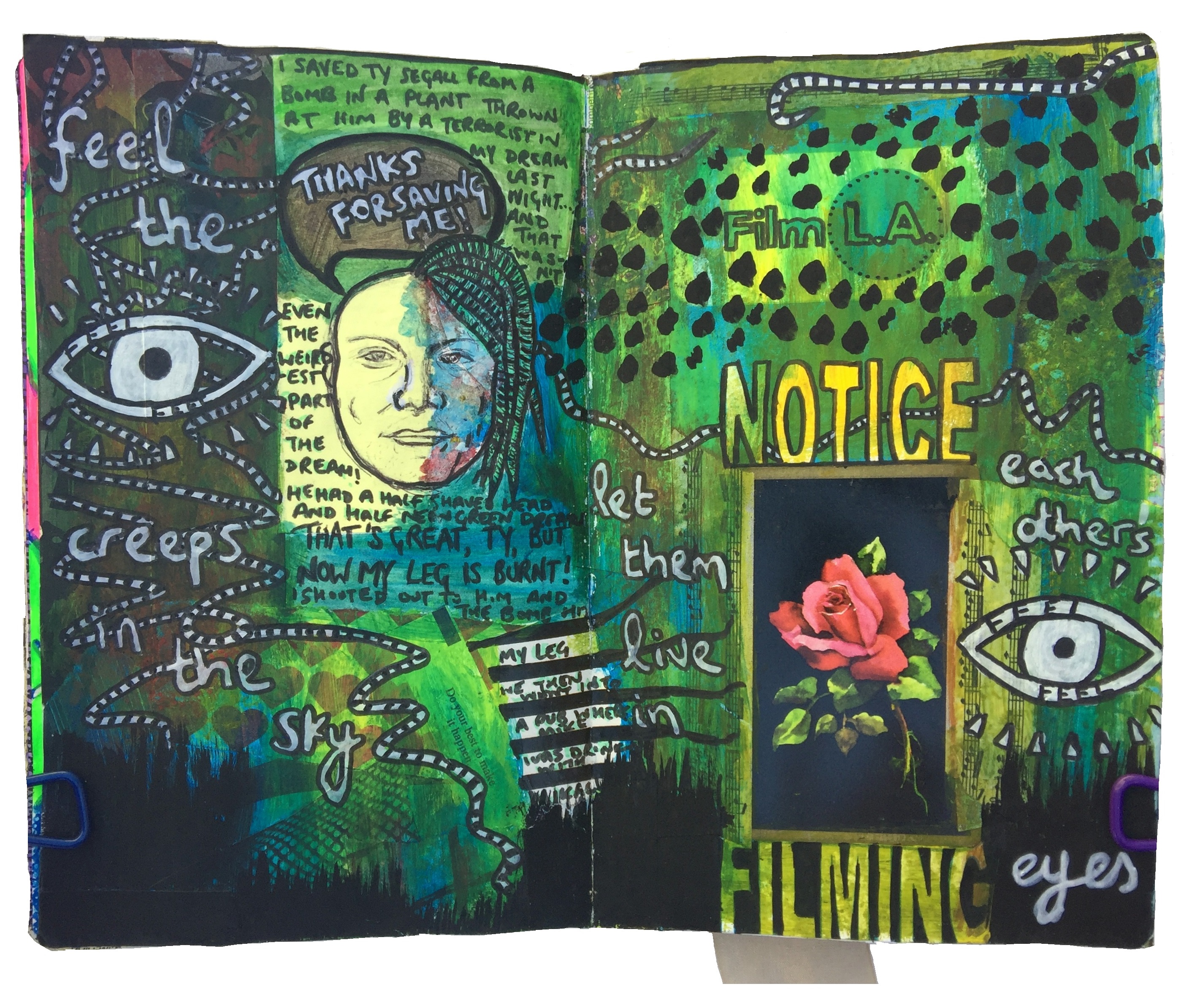 A mixed media art journal page about a weird dream I had about Ty Segall with lyrics by him and ephemera I found.