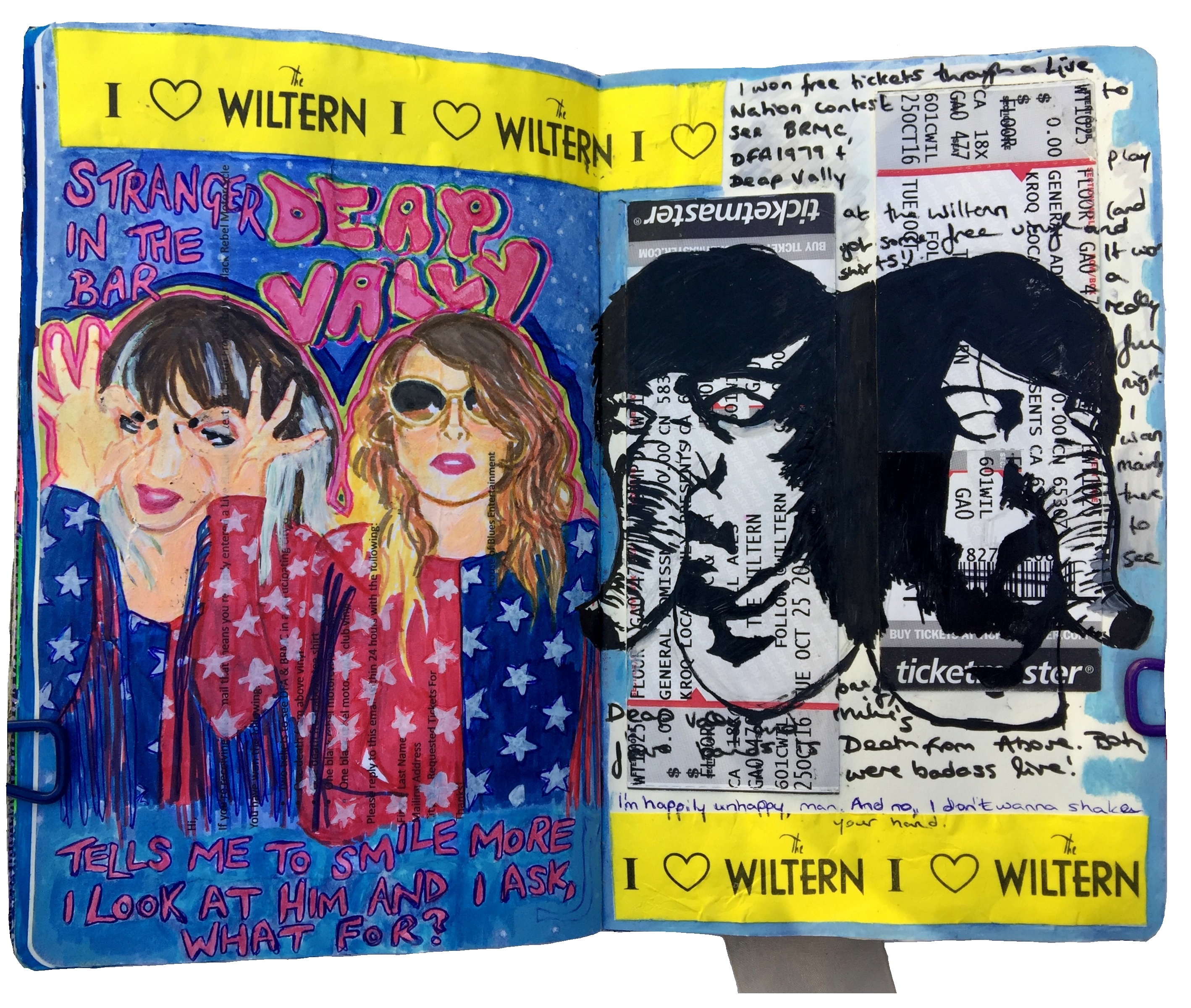 An art journal illustration of the bands Deap Vally and Death From Above 1979 after I saw them in concert, with lyrics and ephemera.