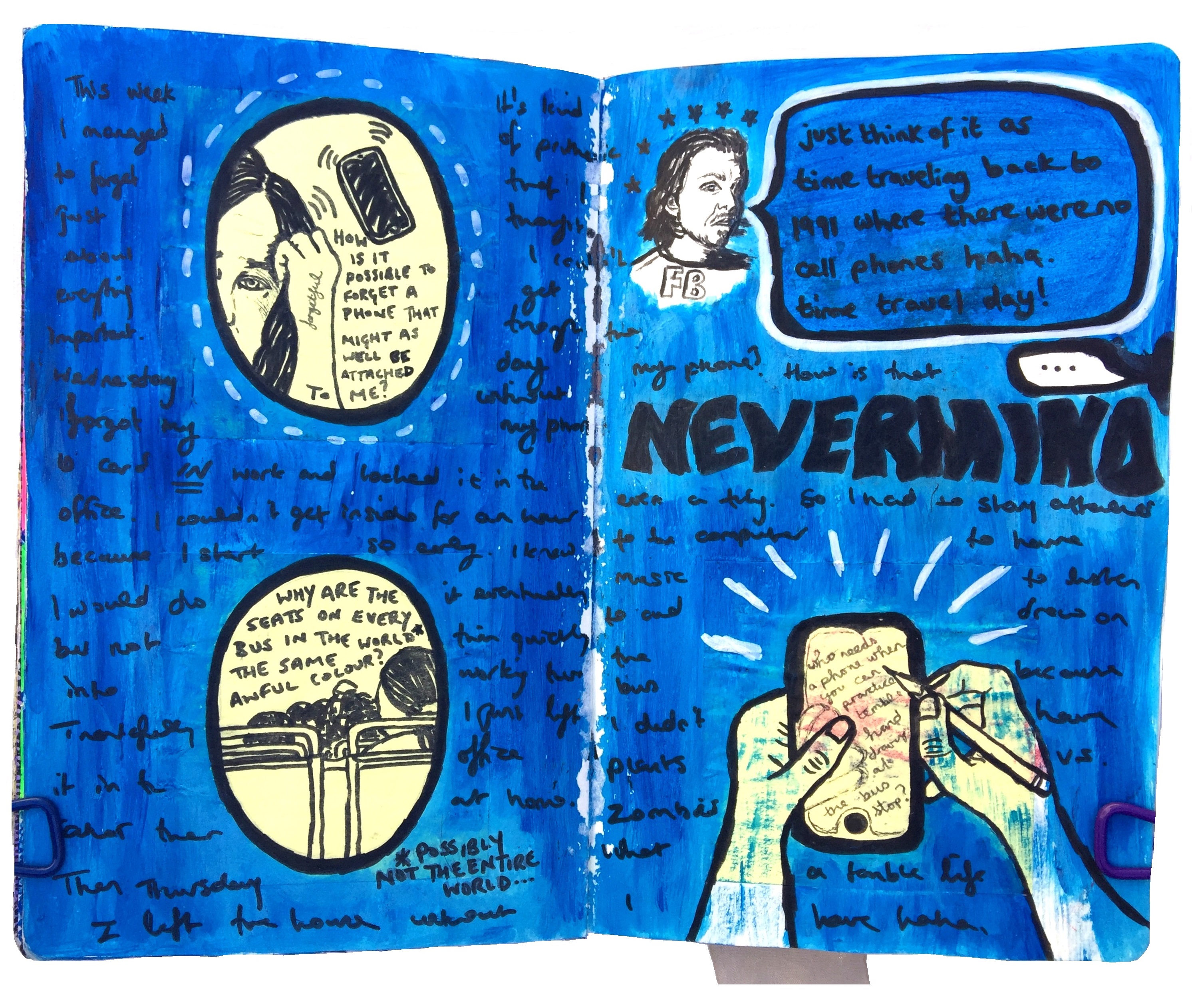 A mixed media art journal page about going to work without my phone and key card, with doodles of myself, my husband, and people on the bus.